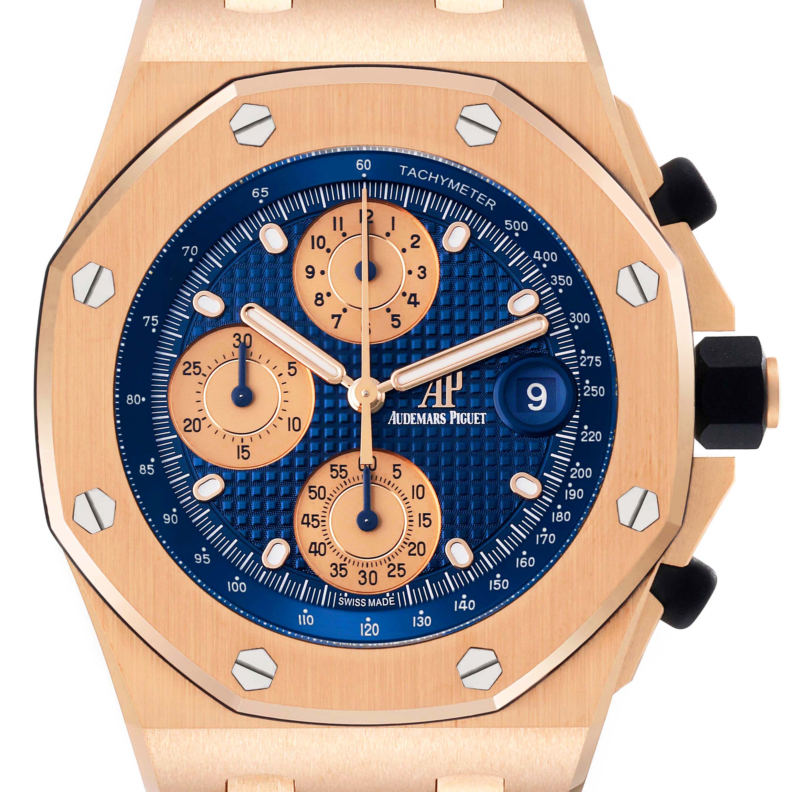 The image shows a close-up of the dial and bezel of the Royal Oak Offshore model by Audemars Piguet.