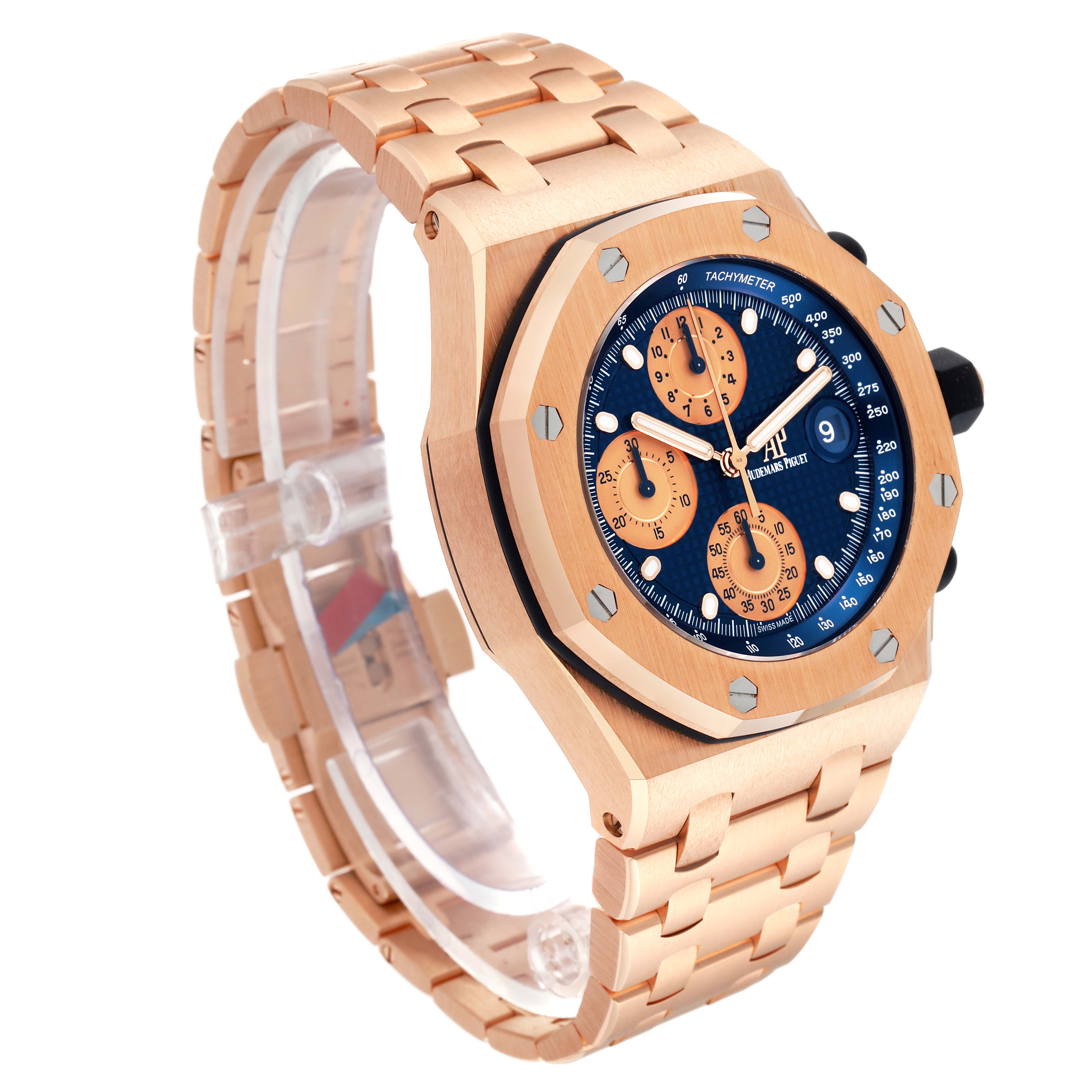 The image shows a side angle of an Audemars Piguet Royal Oak Offshore 26238OR.OO.2000OR.01 Men's Rose Gold Blue Dial 26238OR.OO.2000OR.01 Men's Rose Gold Blue Dial watch, highlighting its bezel, dial, and bracelet.