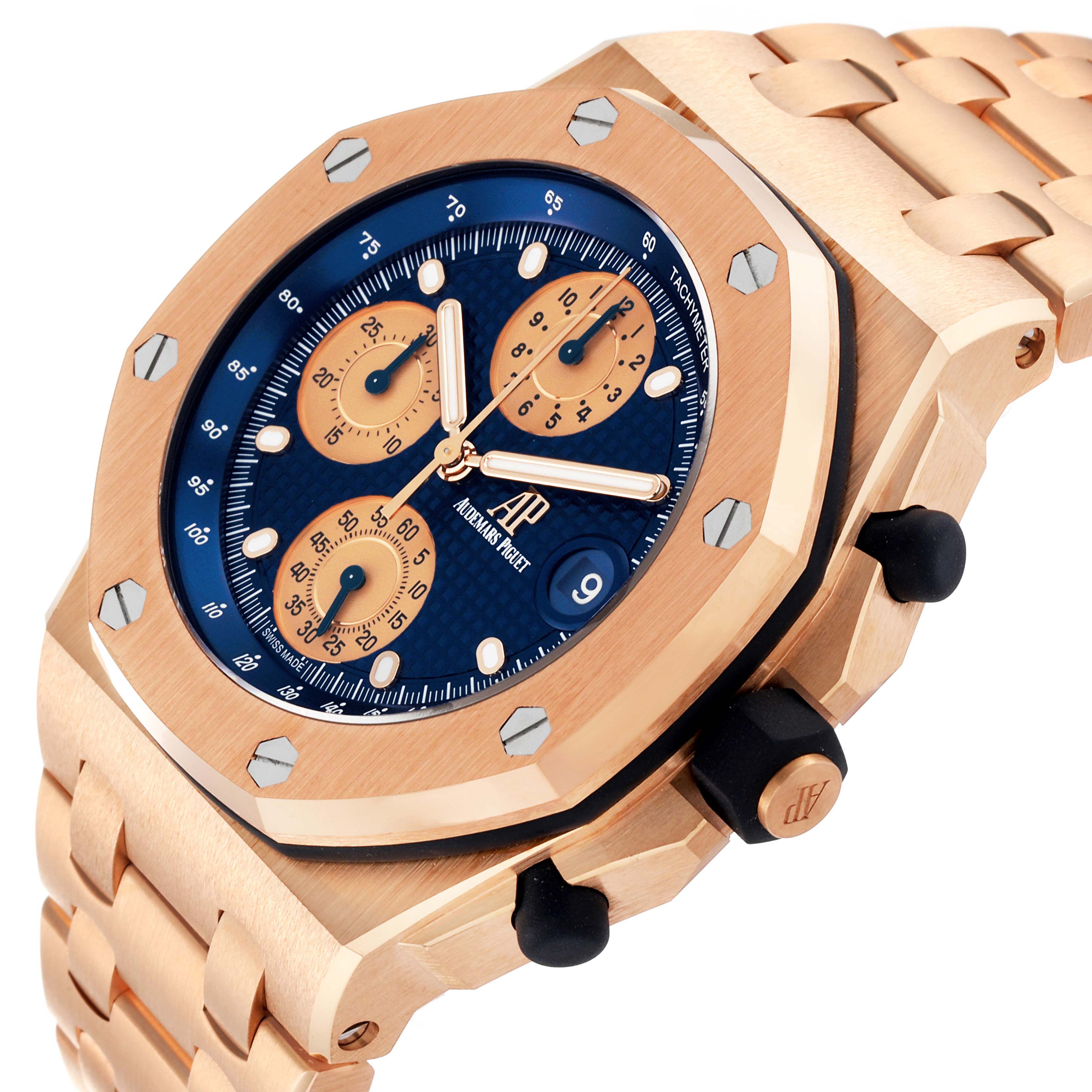 The image shows a close-up of the Audemars Piguet Royal Oak Offshore 26238OR.OO.2000OR.01 Men's Rose Gold Blue Dial 26238OR.OO.2000OR.01 Men's Rose Gold Blue Dial watch from an angled top-front perspective.