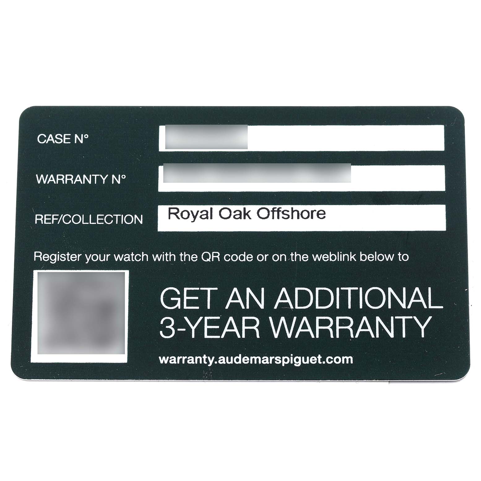 This image shows a warranty card for the Royal Oak Offshore model by Audemars Piguet.
