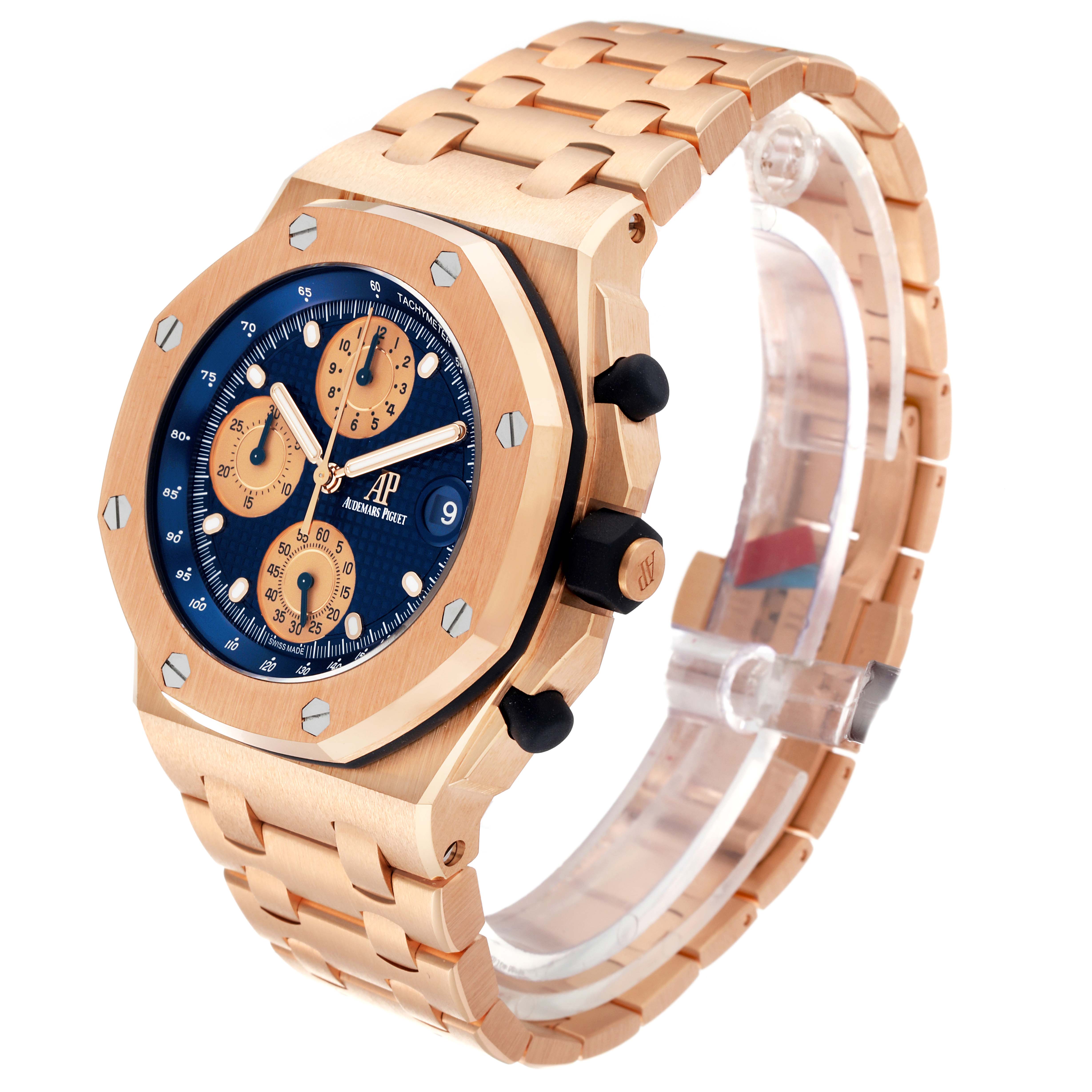 The Audemars Piguet Royal Oak Offshore 26238OR.OO.2000OR.01 Men's Rose Gold Blue Dial 26238OR.OO.2000OR.01 Men's Rose Gold Blue Dial watch is shown at an angled view, highlighting its blue dial, gold subdials, and robust metal bracelet.