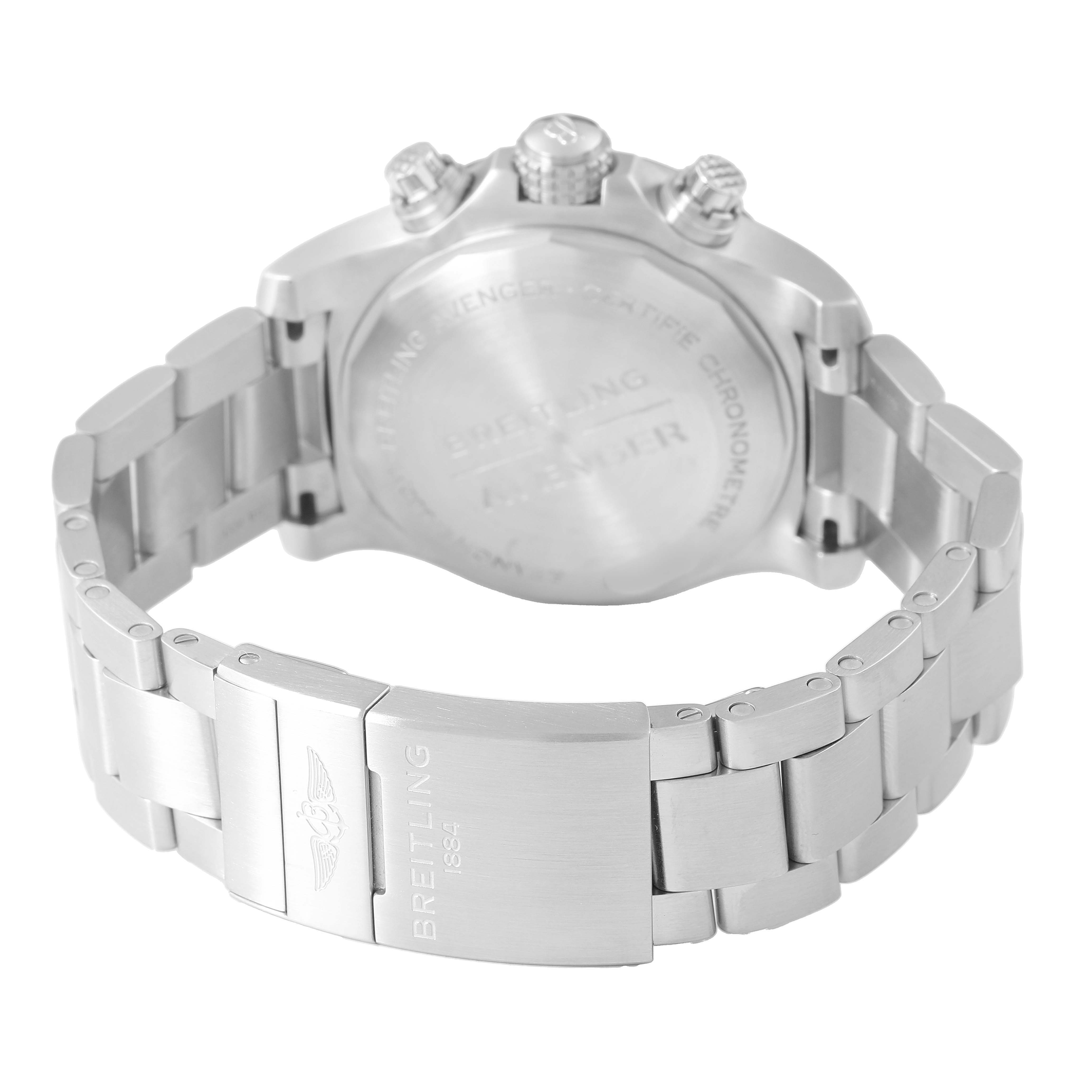 The image shows the back and clasp of the Breitling Avenger A13385101C1A1 Men's Stainless Steel Blue Dial watch, highlighting its bracelet and case back.