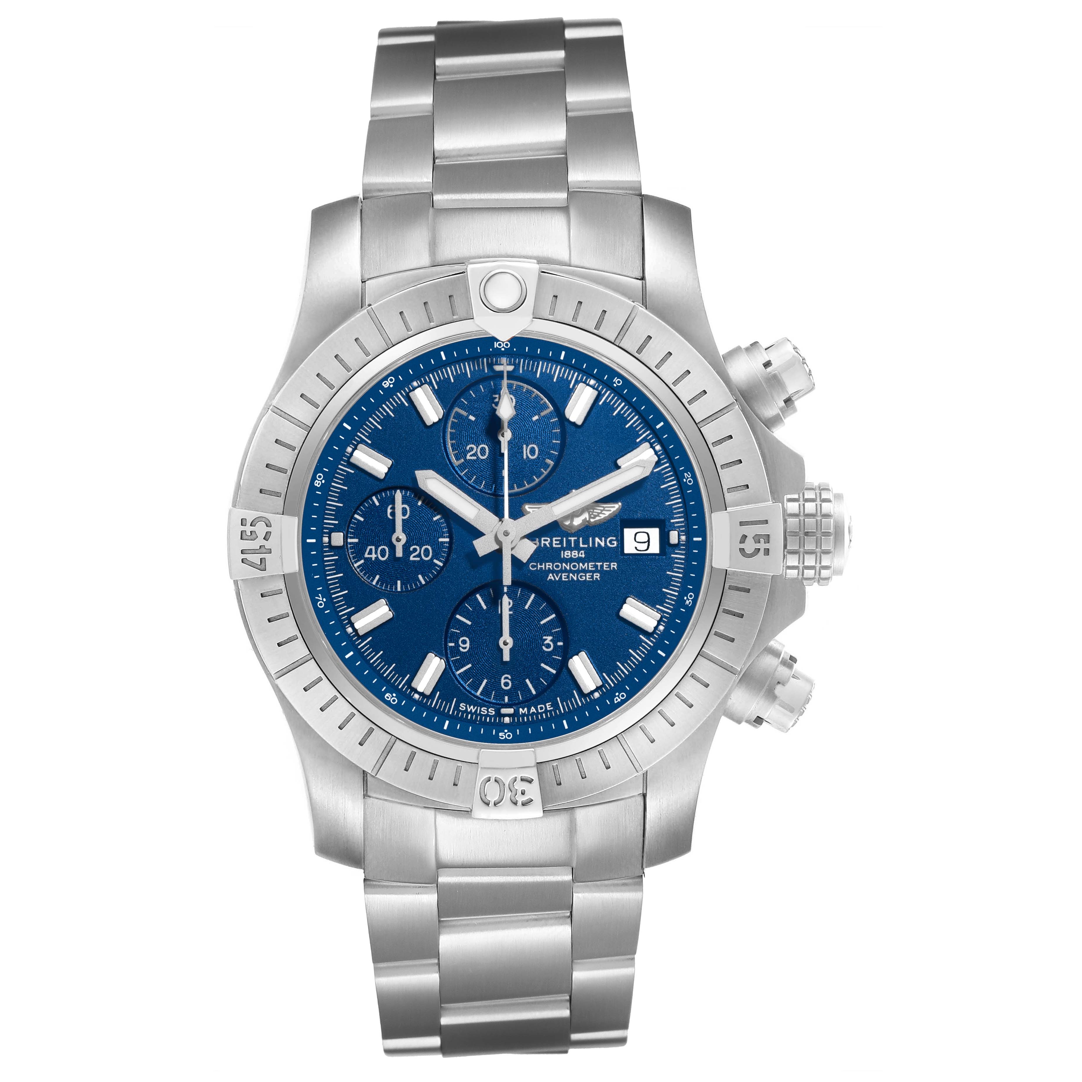The Breitling Avenger A13385101C1A1 Men's Stainless Steel Blue Dial watch is shown from the front, displaying its blue dial, bezel, and metal bracelet.