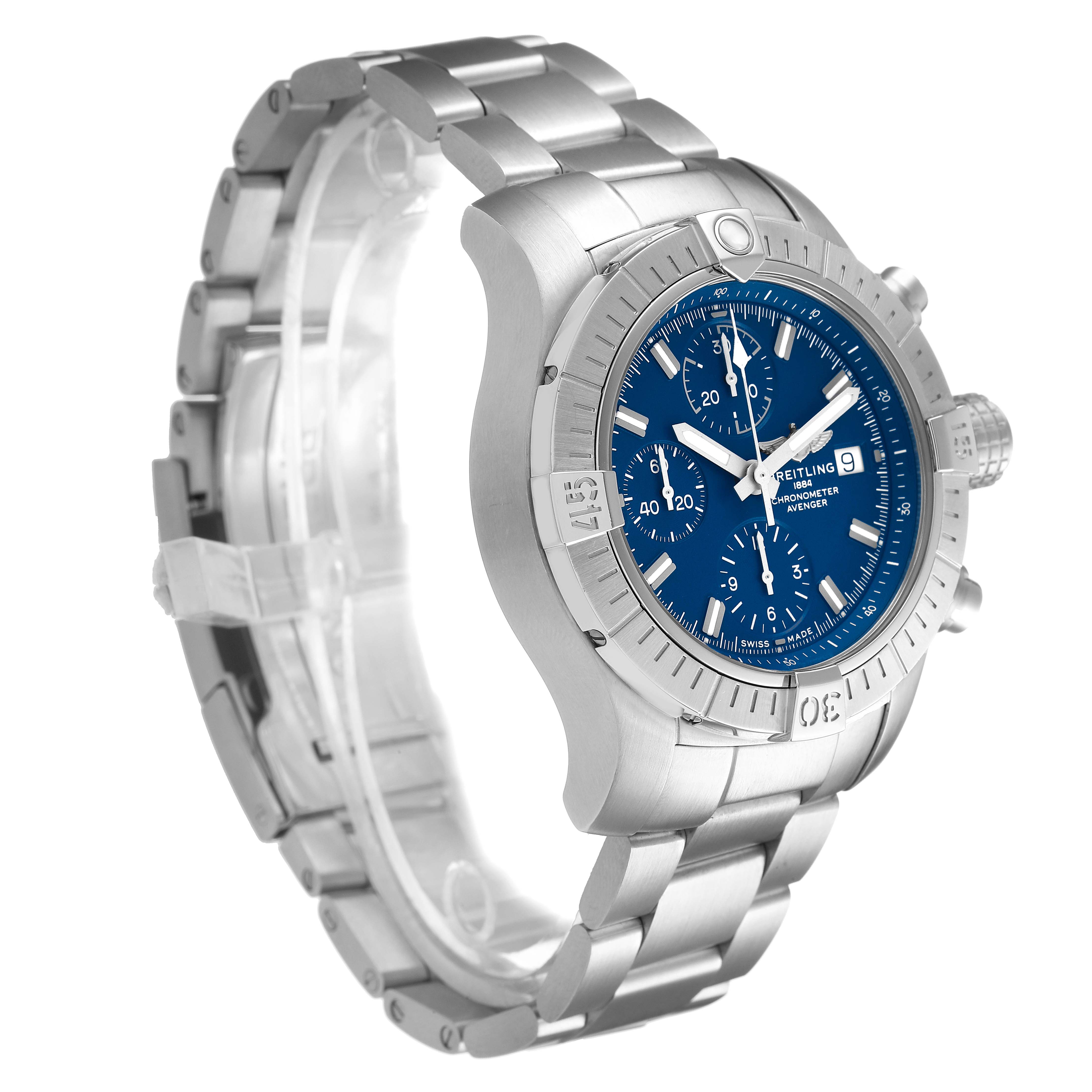 The Breitling Avenger A13385101C1A1 Men's Stainless Steel Blue Dial watch is shown at a three-quarter angle, highlighting the face, bezel, and stainless steel bracelet.