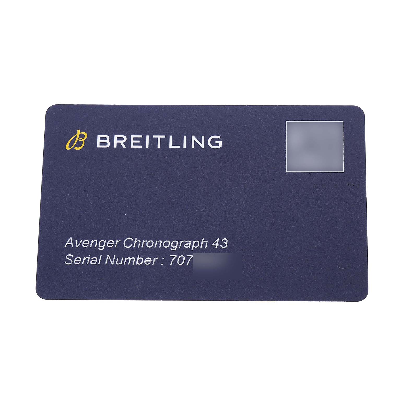 The image shows a warranty card for the Breitling Avenger A13385101C1A1 Men's Stainless Steel Blue Dial Chronograph 43.