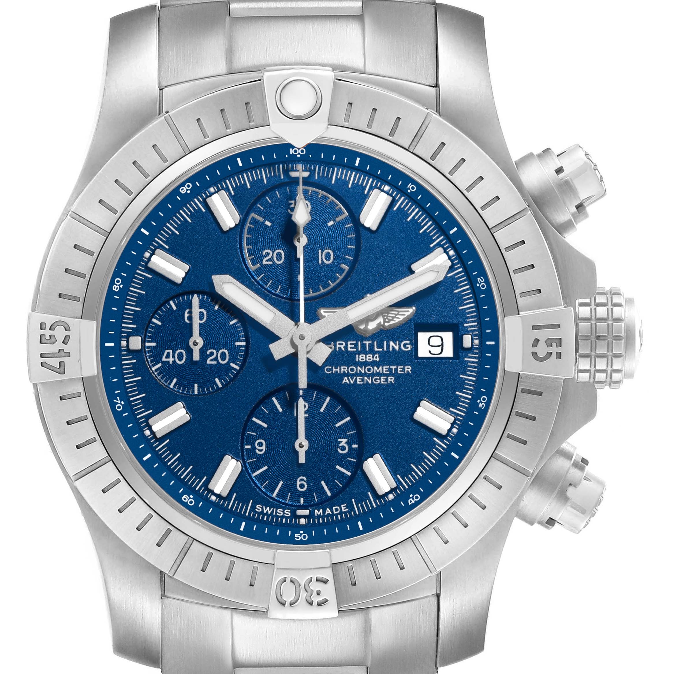 The Breitling Avenger A13385101C1A1 Men's Stainless Steel Blue Dial watch is shown from a front angle, displaying the dial, bezel, chronograph subdials, and crown.