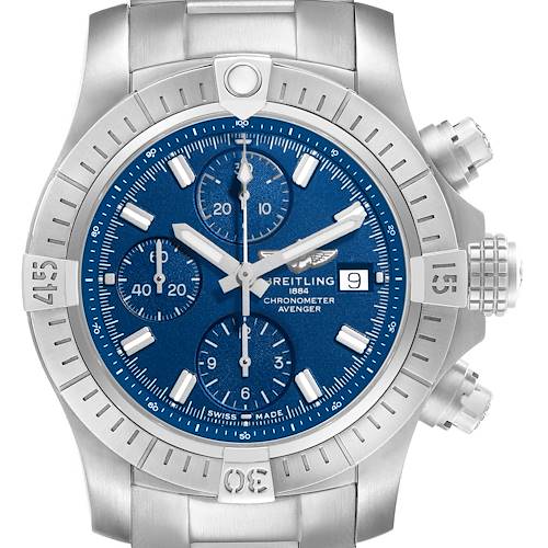 The Breitling Avenger A13385101C1A1 Men's Stainless Steel Blue Dial watch is shown from a front angle, highlighting its blue dial, chronograph sub-dials, bezel, and pushers.