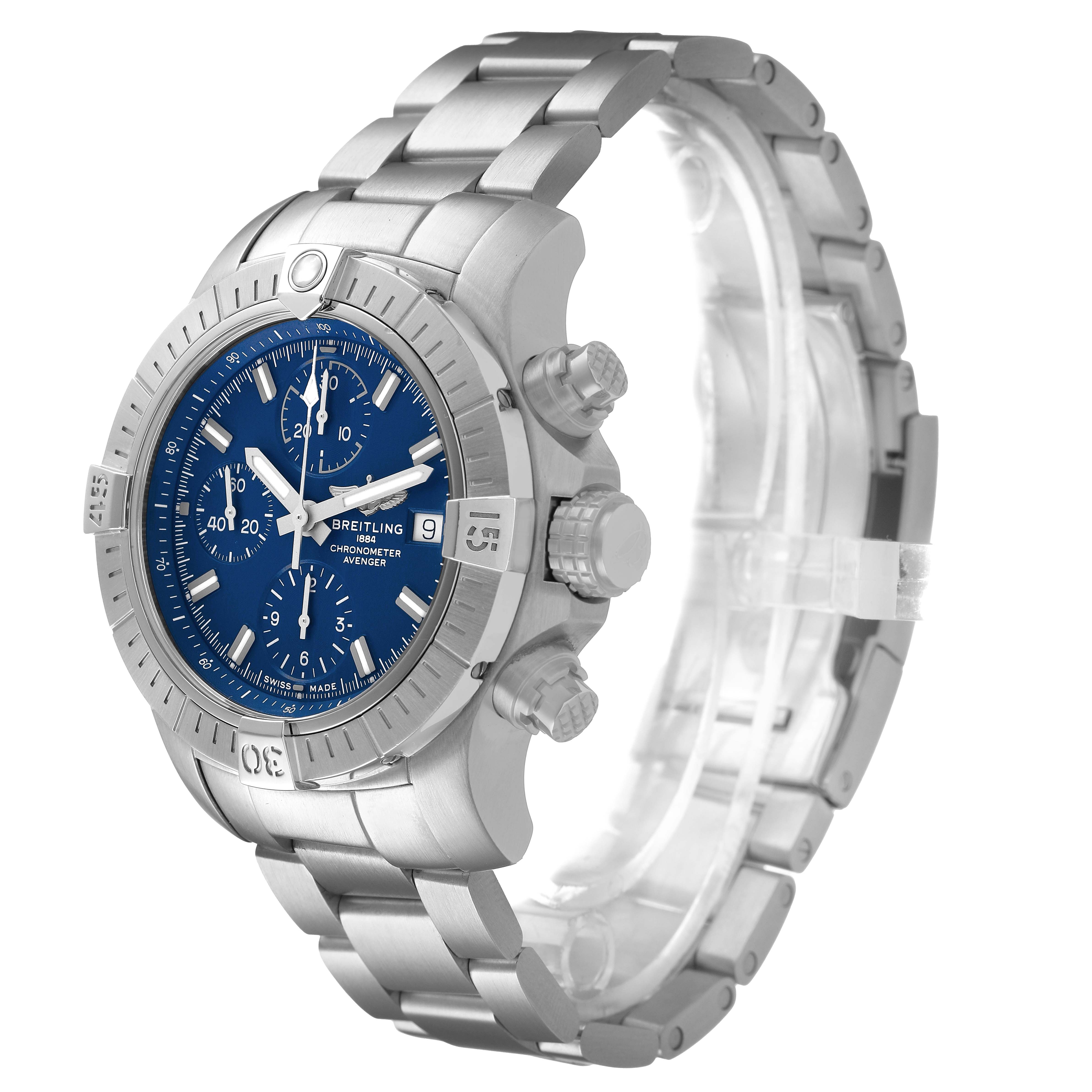 The Breitling Avenger A13385101C1A1 Men's Stainless Steel Blue Dial watch is shown at a three-quarter angle, displaying its bracelet, crown, bezel, and blue dial with chronograph features.