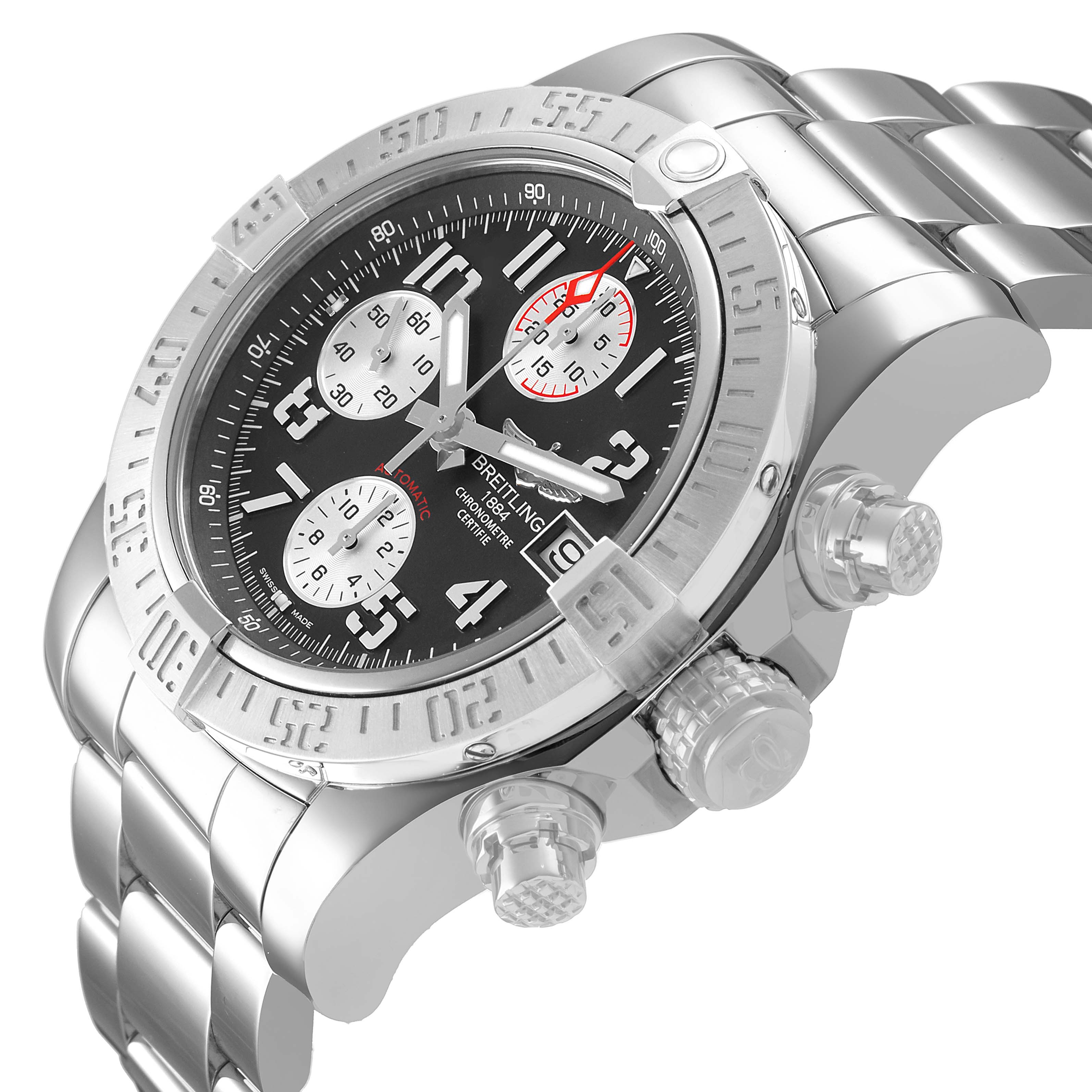 The Breitling Avenger A1338111 / F564 Men's Stainless Steel Black Dial watch is shown from an angled side view, highlighting the bezel, dial, crown, pushers, and bracelet.