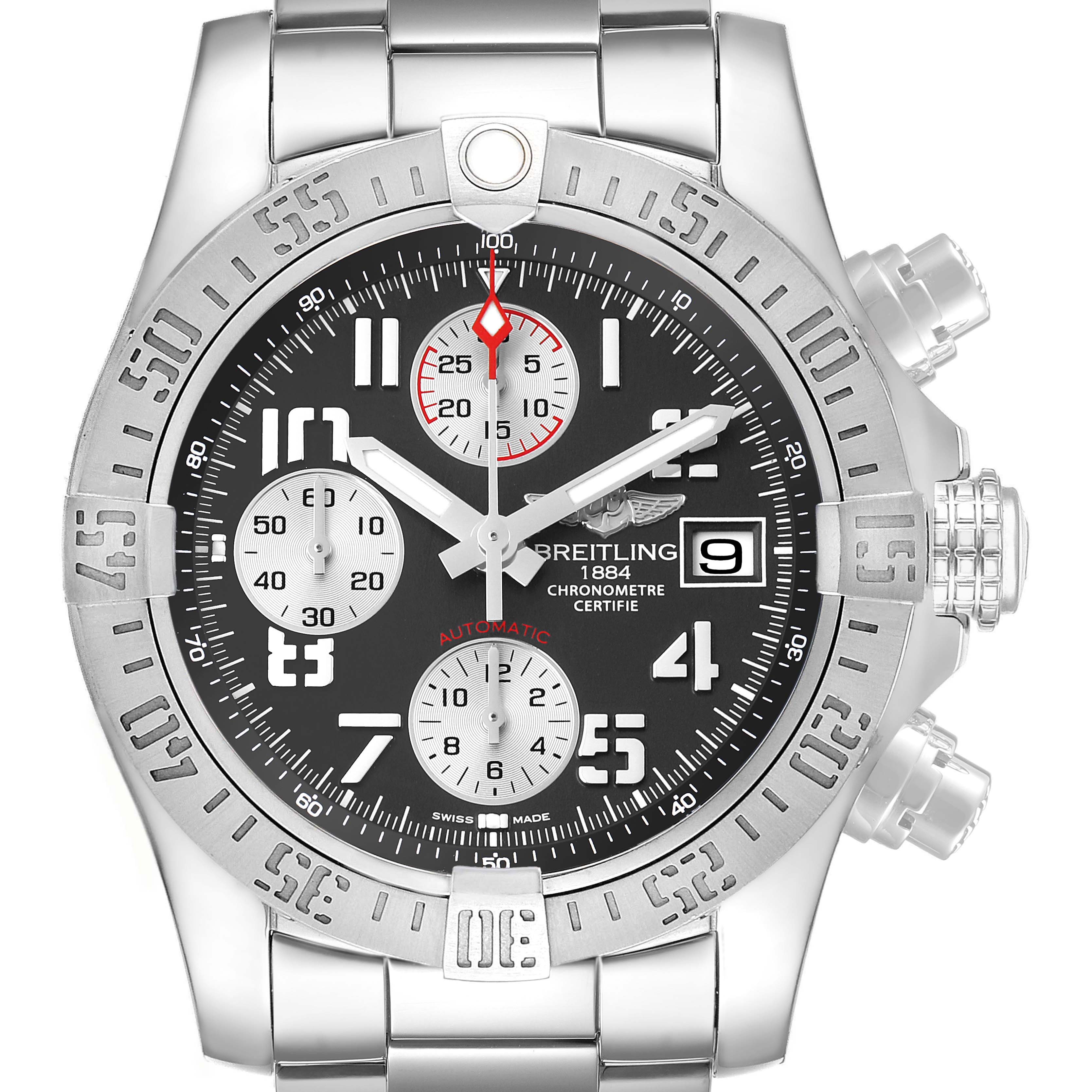 The Breitling Avenger A1338111 / F564 Men's Stainless Steel Black Dial watch is shown from the front, highlighting its dial, bezel, and chronograph pushers.