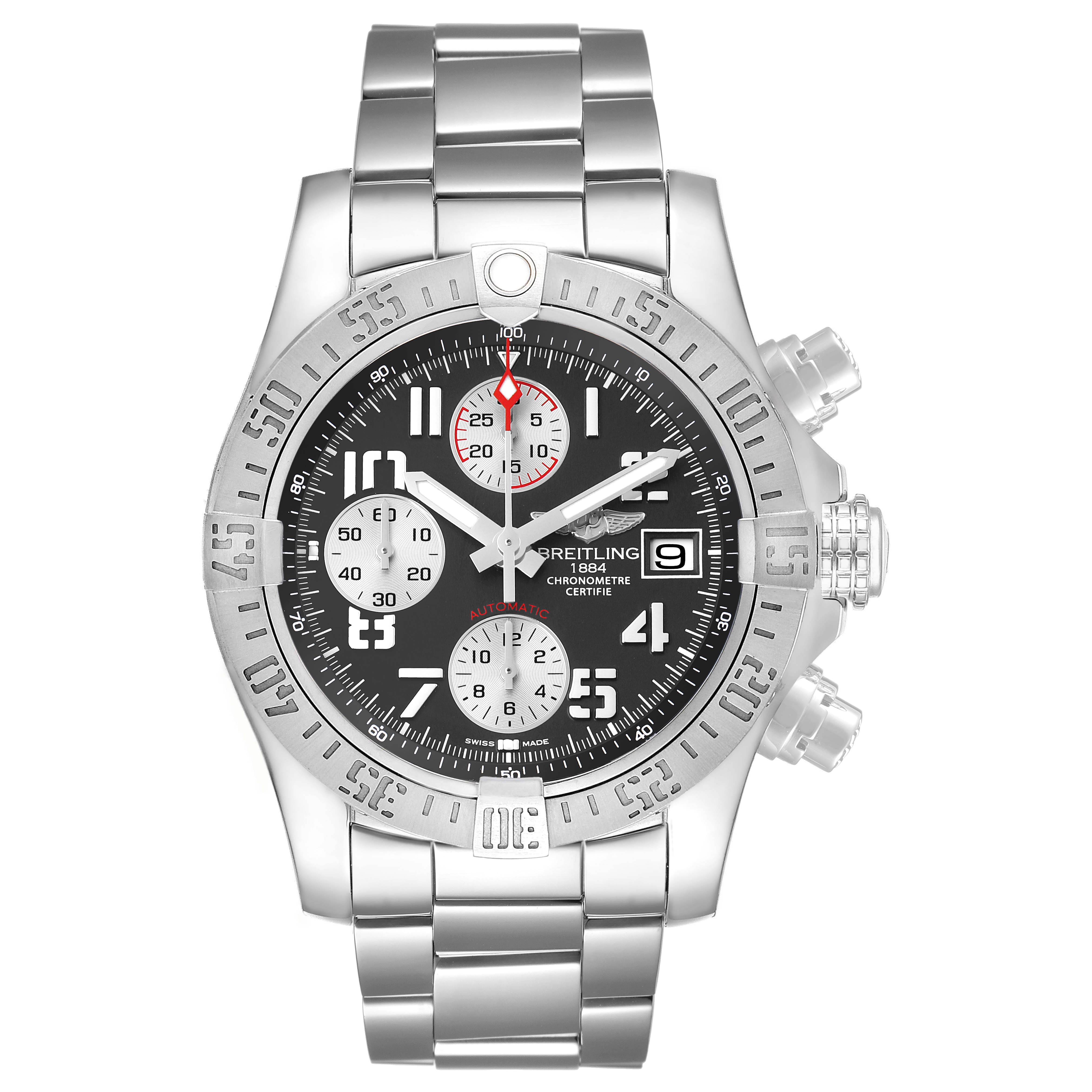The Breitling Avenger A1338111 / F564 Men's Stainless Steel Black Dial watch is shown from the front, displaying the face, bezel, bracelet, and side pushers.