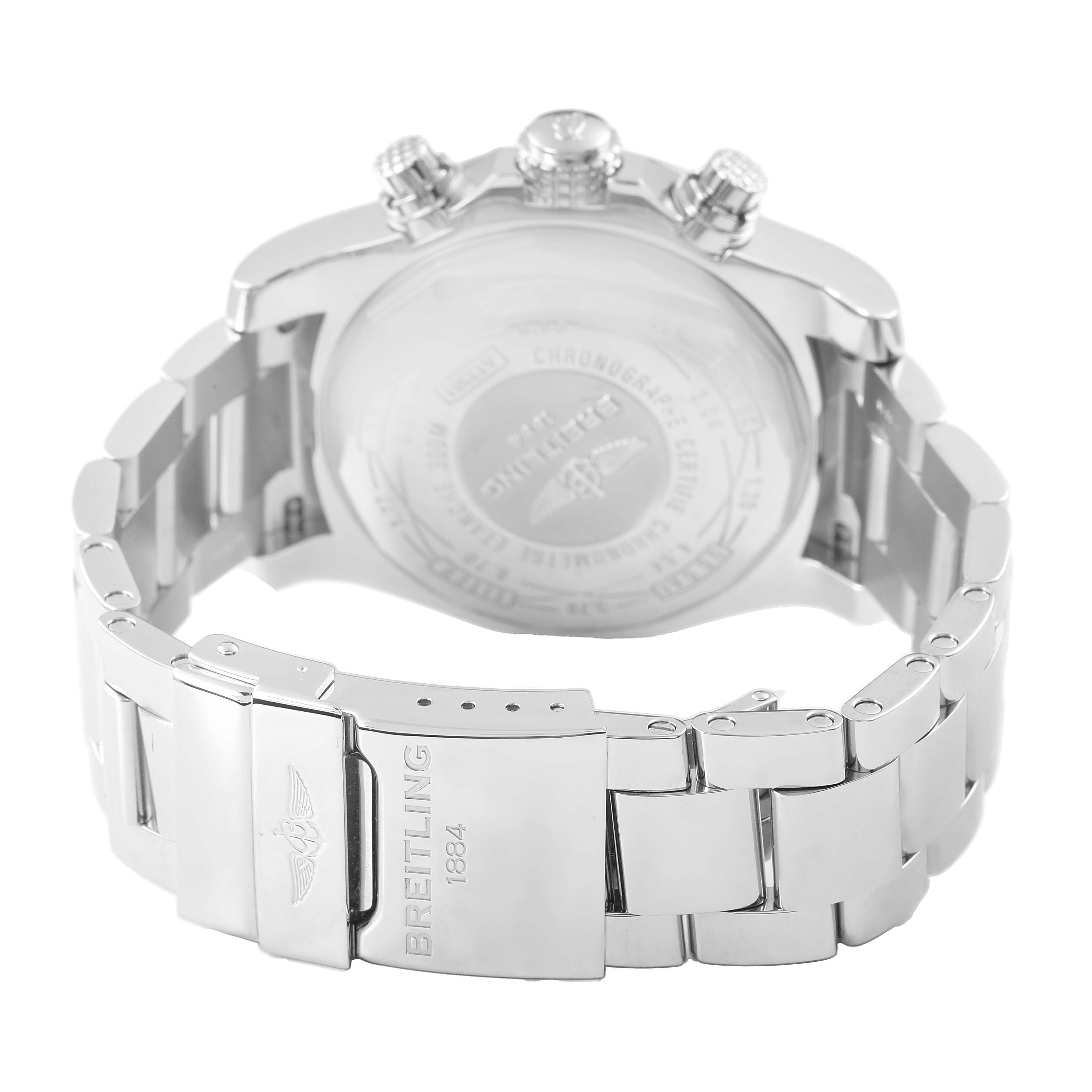 The image shows the back and bracelet clasp of a Breitling Avenger A1338111 / F564 Men's Stainless Steel Black Dial watch at a slight rear angle.