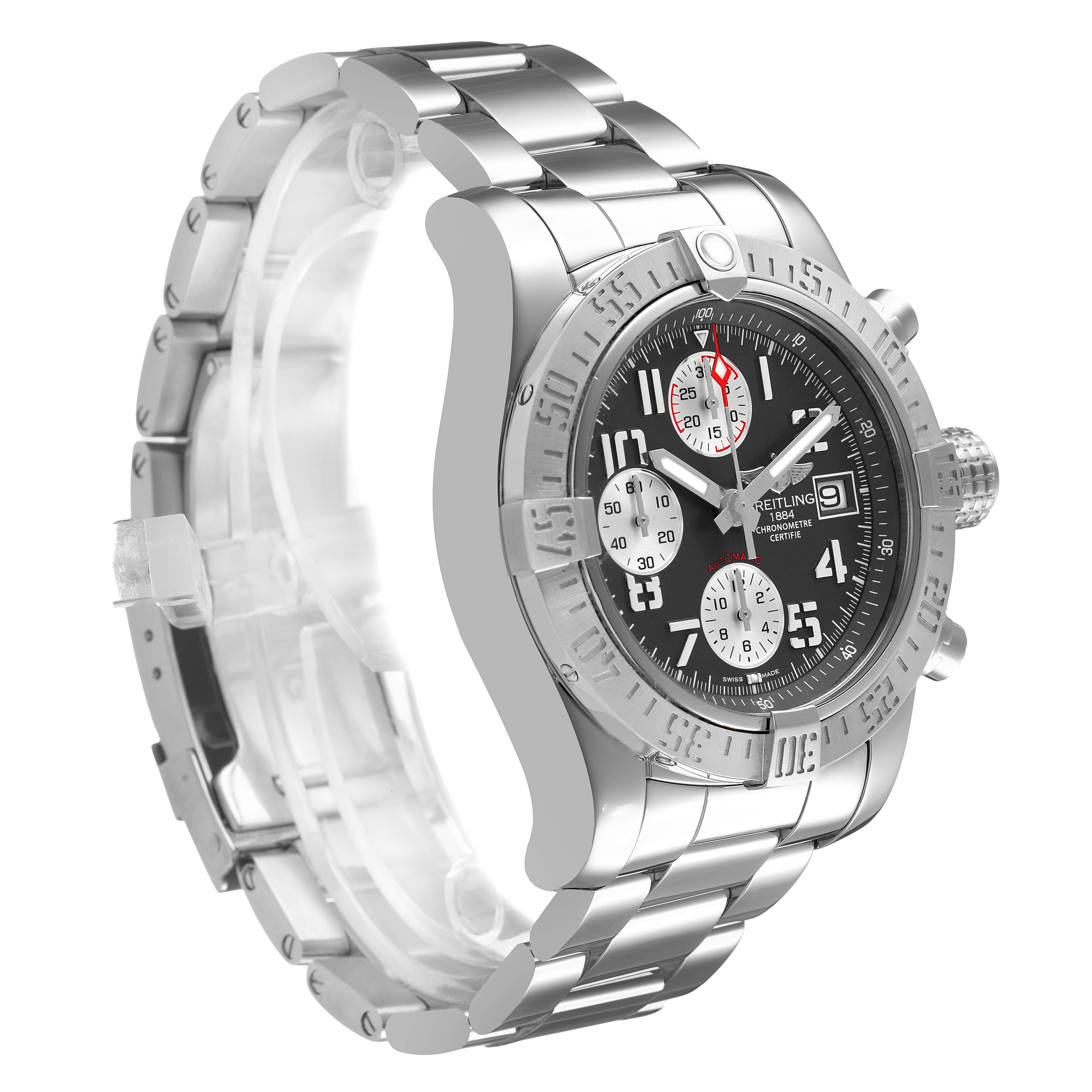 The Breitling Avenger A1338111 / F564 Men's Stainless Steel Black Dial watch is shown at a three-quarter angle, displaying its face, bezel, and metal bracelet.