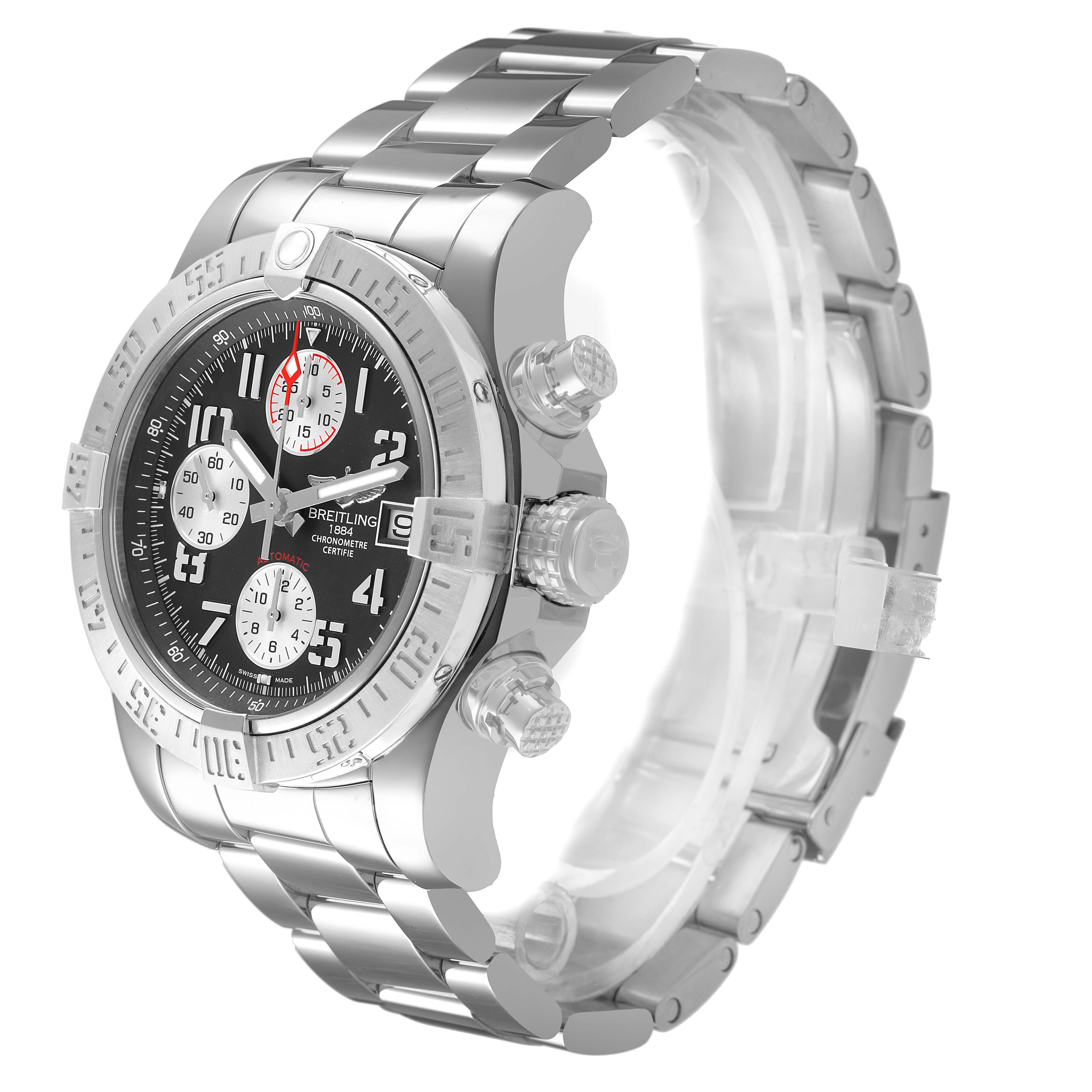 The Breitling Avenger A1338111 / F564 Men's Stainless Steel Black Dial watch is shown at a slight angle displaying the face, crown, pushers, and part of the metal bracelet.