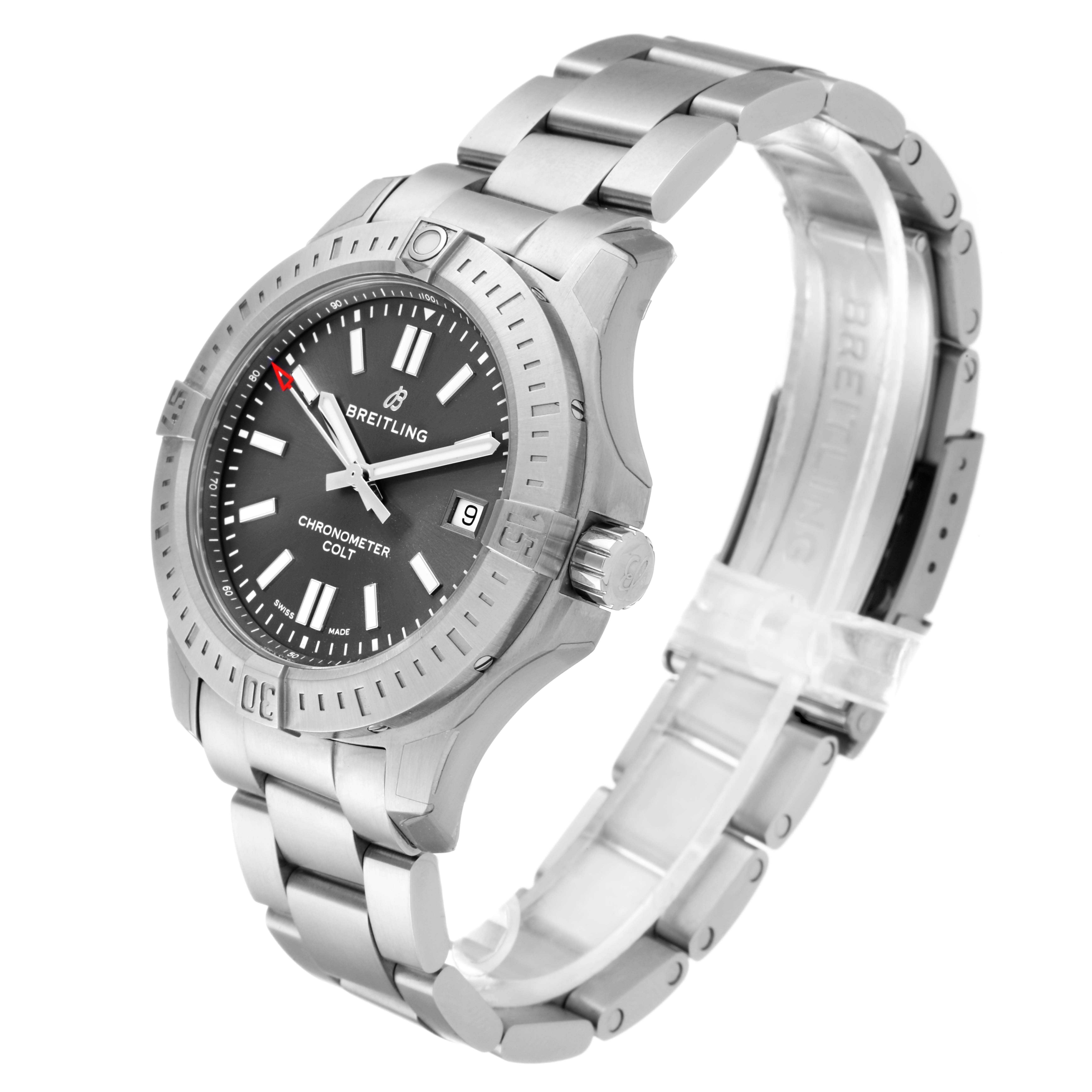 The image shows a Breitling Colt A1731310/F584/190A Men's Stainless Steel Grey Dial A1731310/F584/190A Men's Stainless Steel Grey Dial watch at a slight angle, highlighting its bezel, dial, bracelet, and clasp.