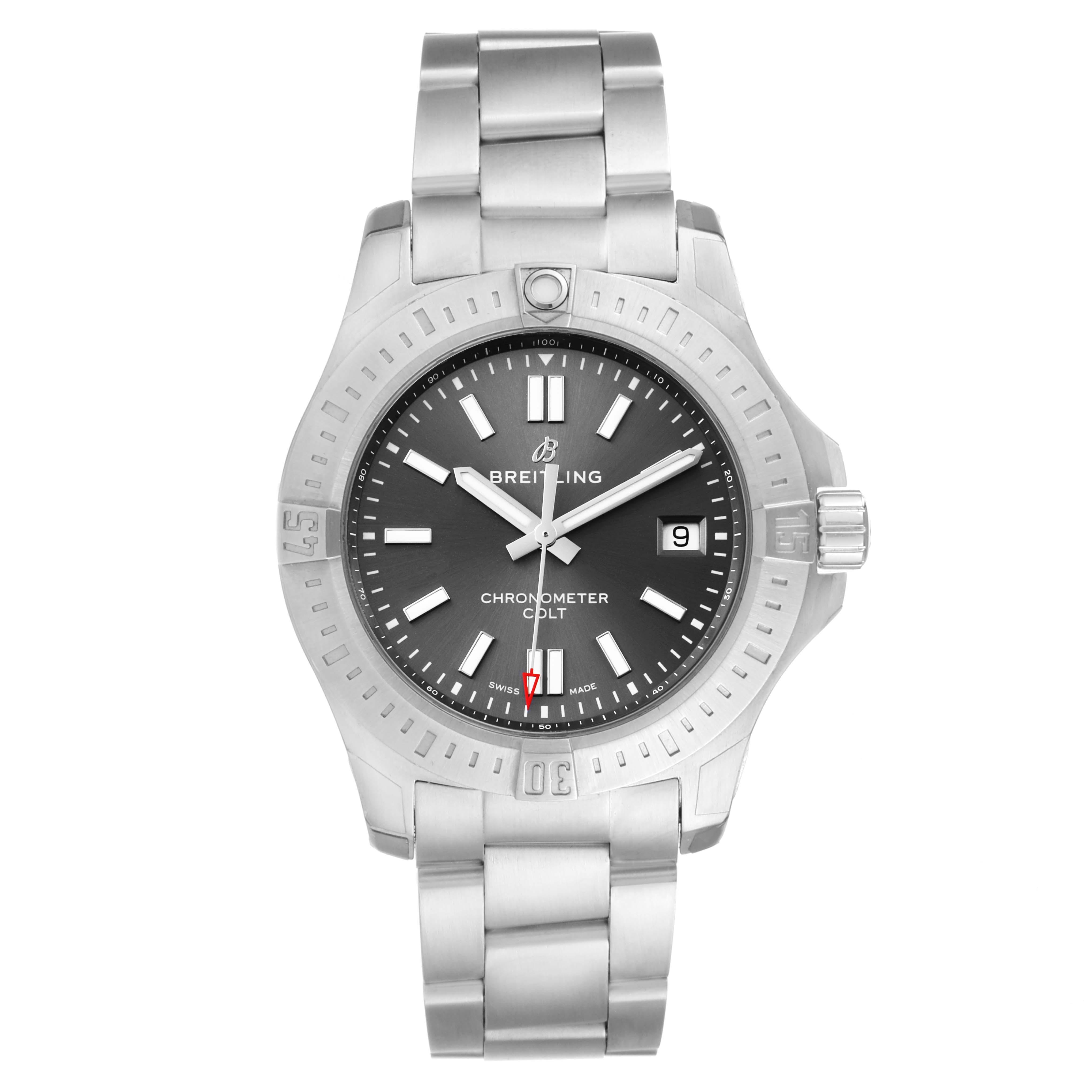 The Breitling Colt A1731310/F584/190A Men's Stainless Steel Grey Dial A1731310/F584/190A Men's Stainless Steel Grey Dial watch is shown in a front view, displaying its dial, bezel, and metal bracelet.
