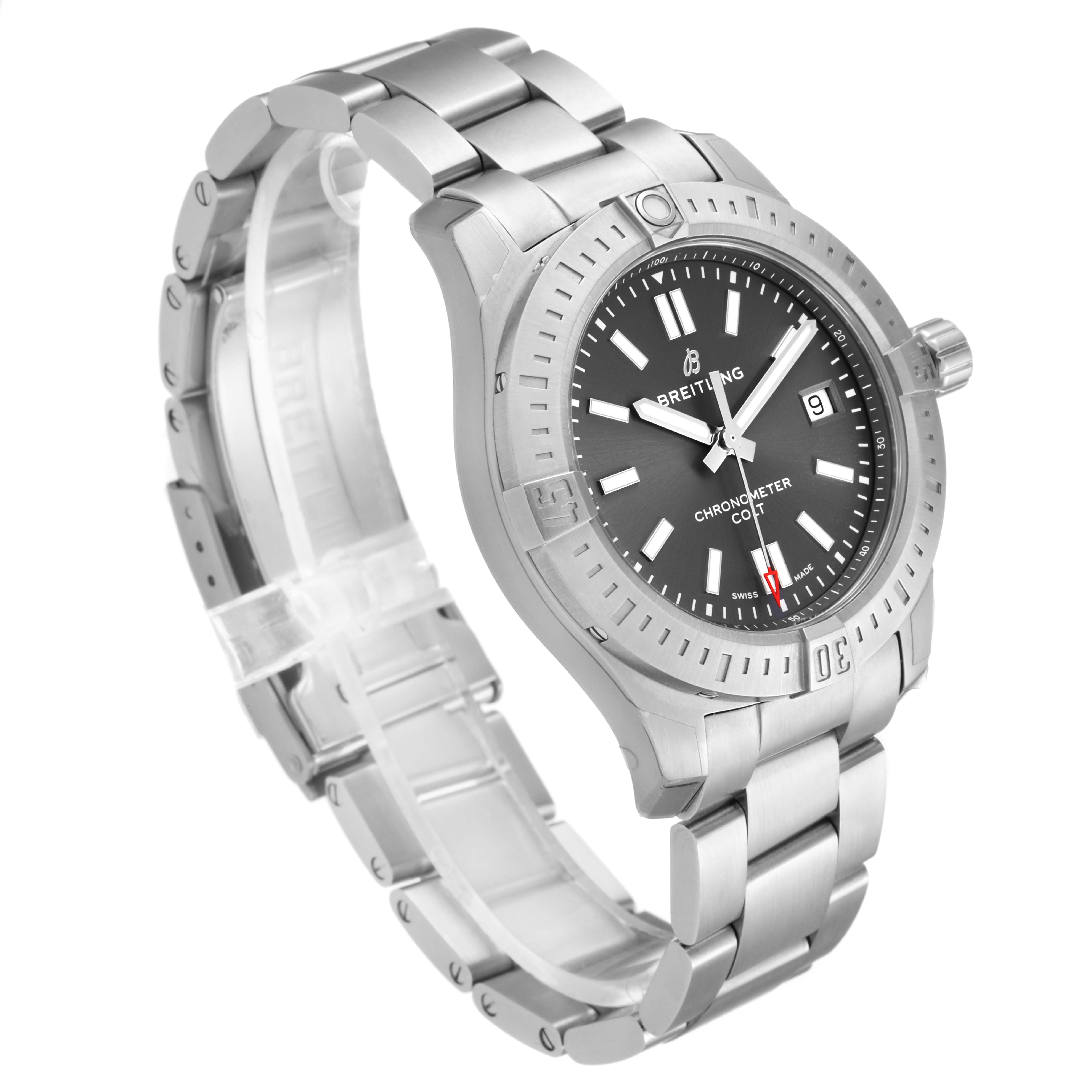 The image shows a Breitling Colt A1731310/F584/190A Men's Stainless Steel Grey Dial A1731310/F584/190A Men's Stainless Steel Grey Dial watch at a 45-degree angle, highlighting its face, bezel, crown, and metal strap.