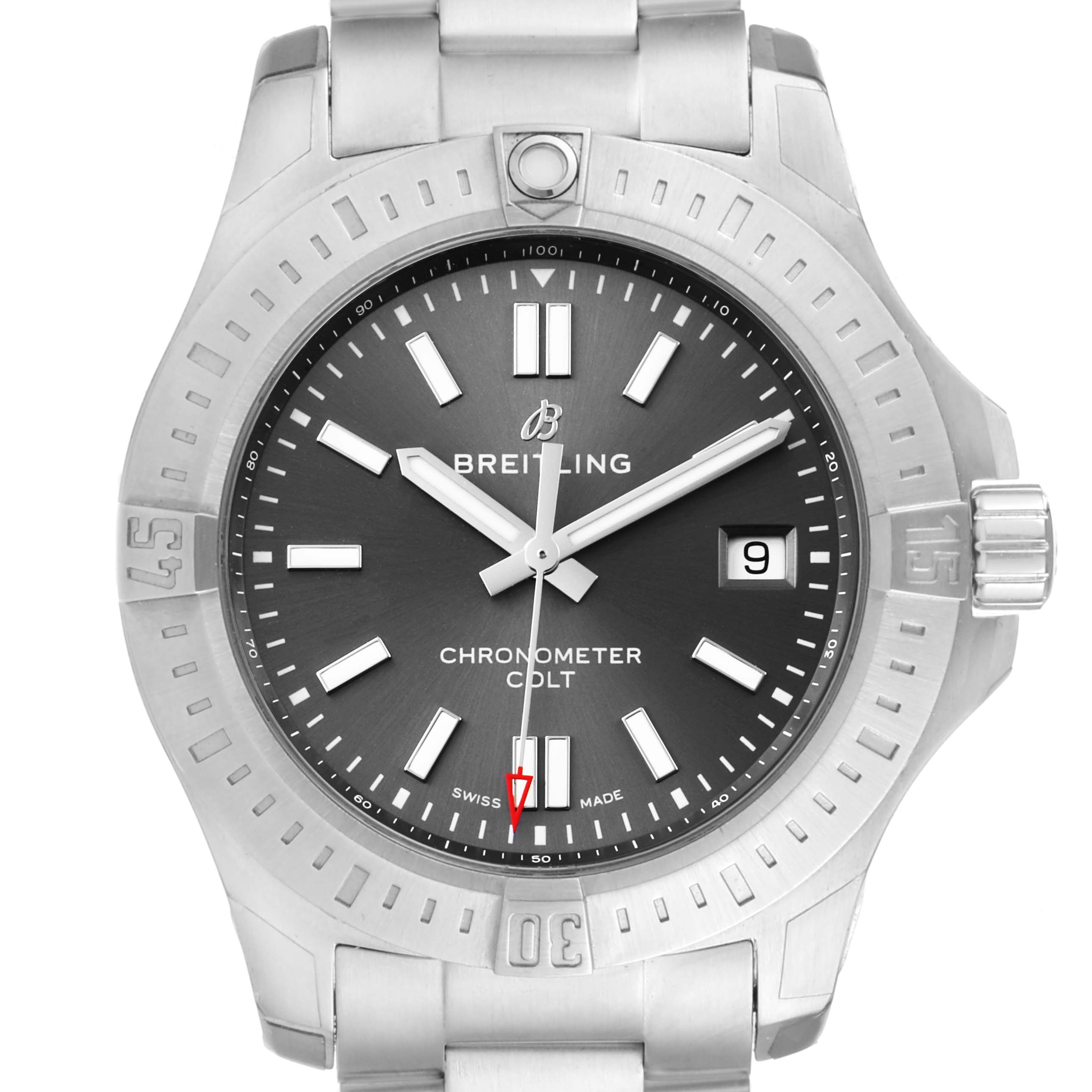 This image shows a front view of the dial, bezel, and part of the bracelet of a Breitling Colt A1731310/F584/190A Men's Stainless Steel Grey Dial A1731310/F584/190A Men's Stainless Steel Grey Dial watch.