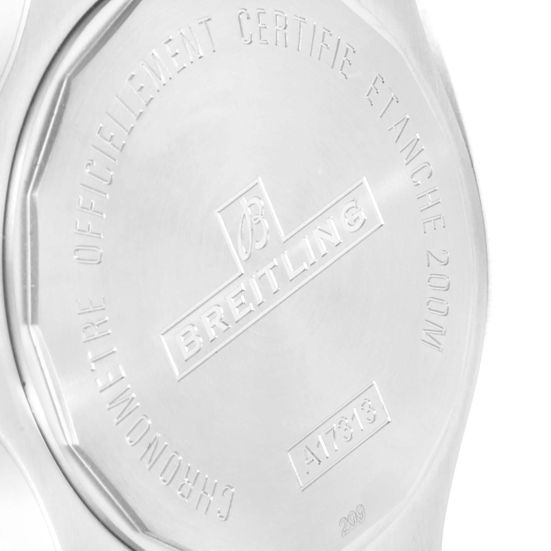 The image shows the back case of a Breitling Colt A1731310/F584/190A Men's Stainless Steel Grey Dial A1731310/F584/190A Men's Stainless Steel Grey Dial watch, highlighting its metal finish and engraved details.