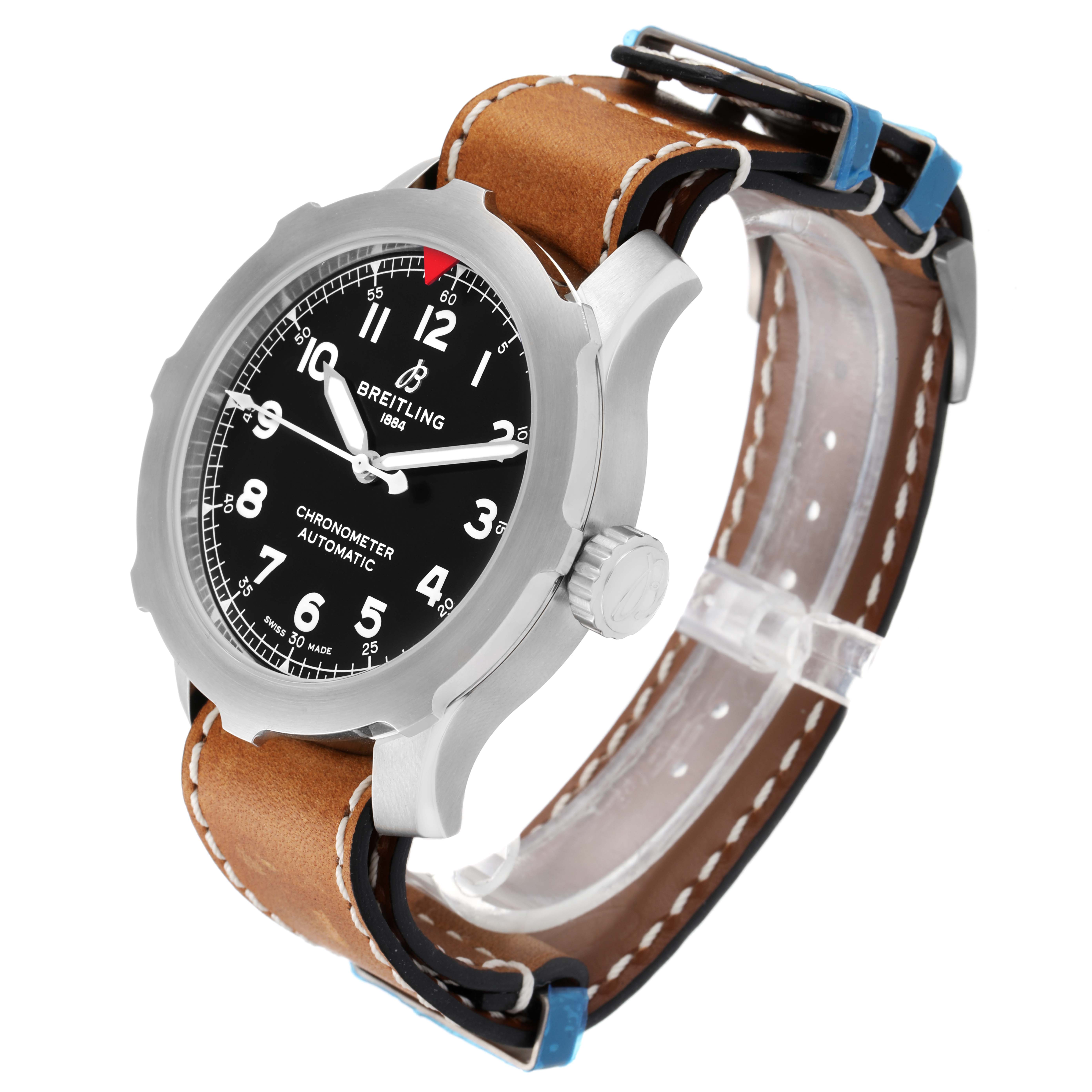 This image shows a side angle of the Breitling Navitimer watch with a clear view of the black dial, case, and brown leather strap.