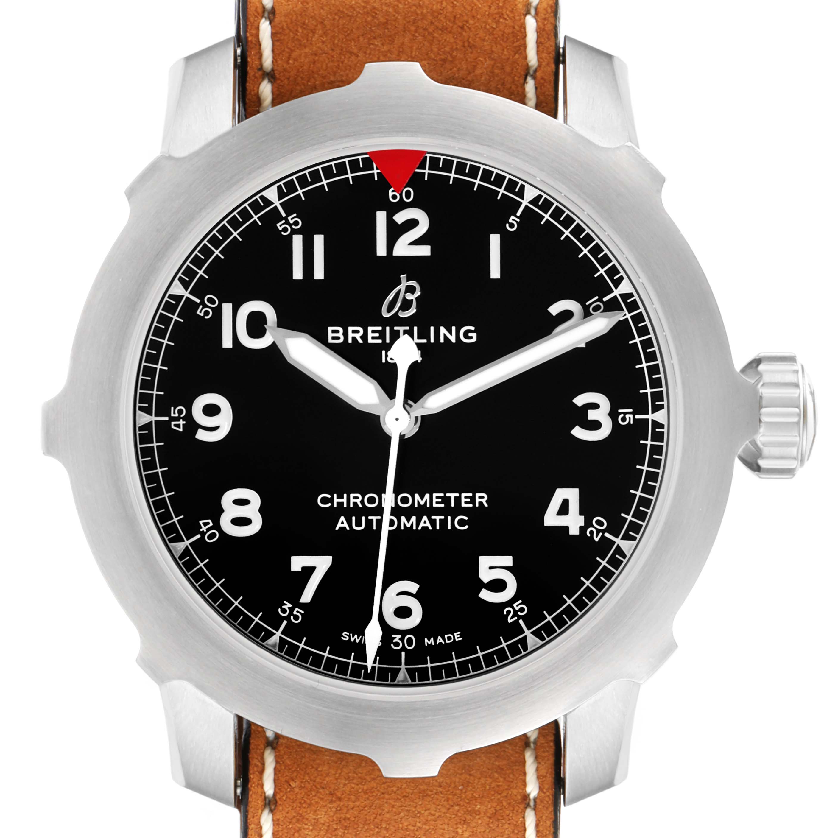 This image shows a front view of the Breitling Aviator AB2040101B1X1 Men's Stainless Steel Black Dial AB2040101B1X1 Men's Stainless Steel Black Dial model watch, displaying the dial, hands, and part of the leather strap.