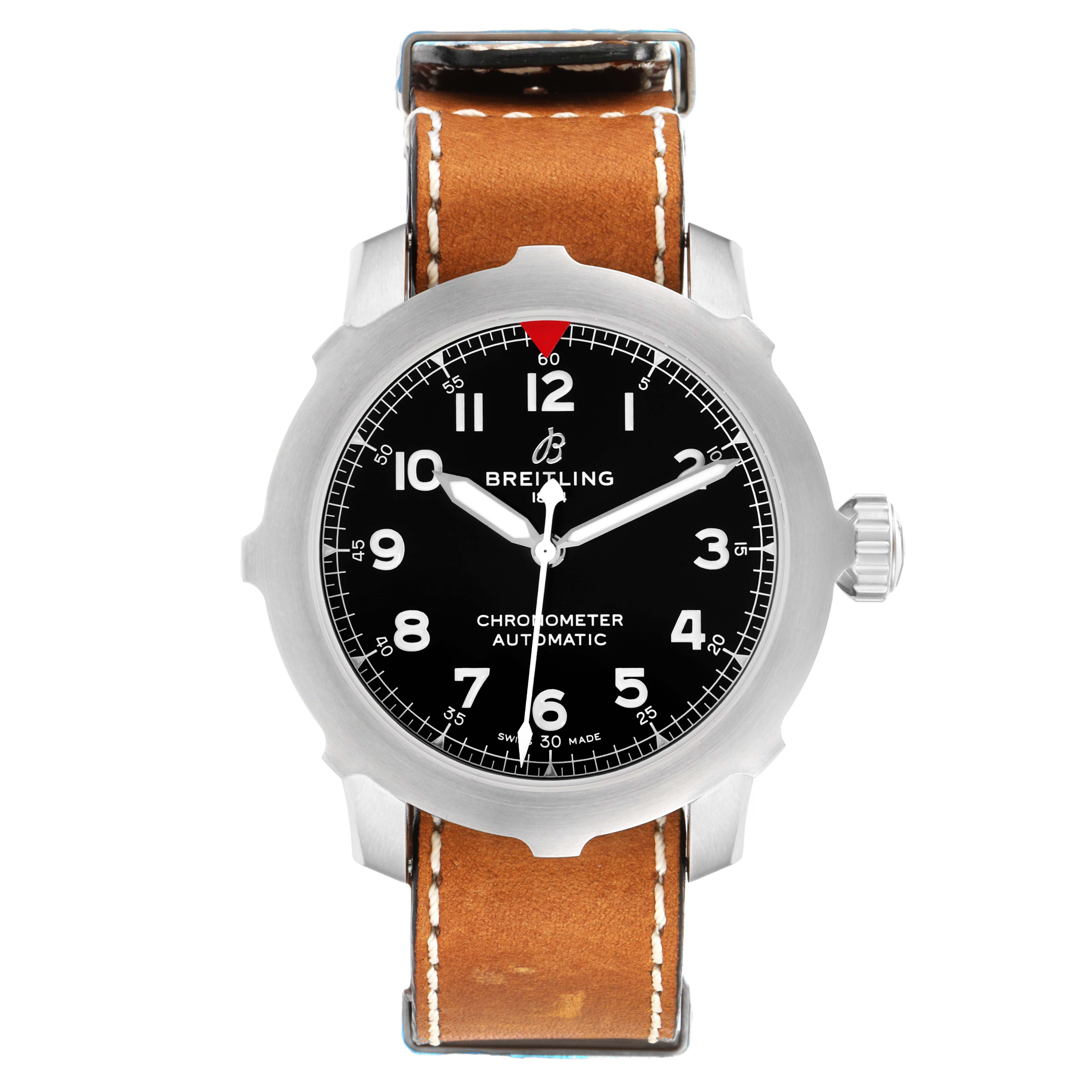 The Breitling Navitimer model watch is shown from a front view, displaying its face, bezel, and leather strap.