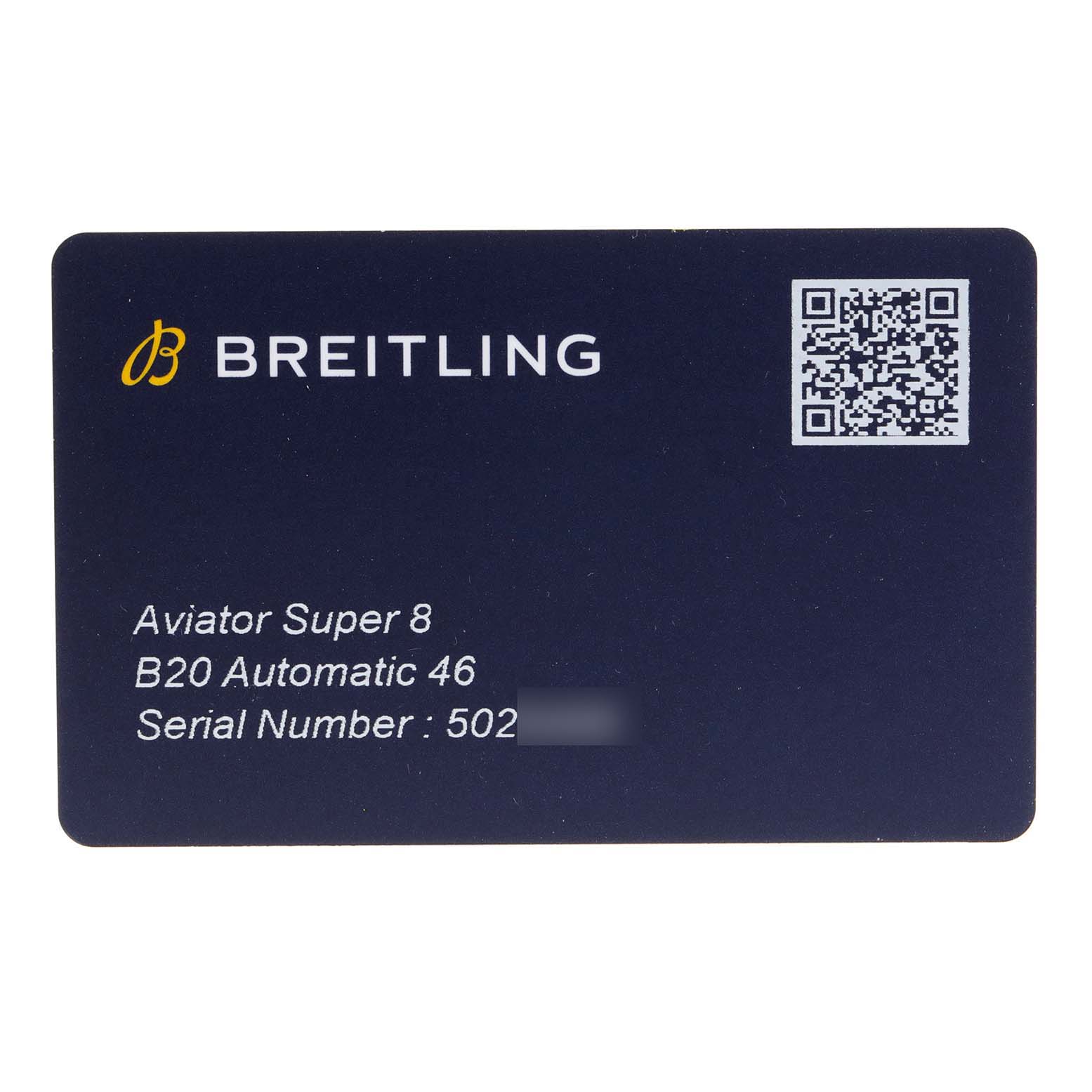 The image shows a Breitling Aviator AB2040101B1X1 Men's Stainless Steel Black Dial AB2040101B1X1 Men's Stainless Steel Black Dial Super 8 B20 Automatic 46 warranty card with branding, model information, and a QR code.
