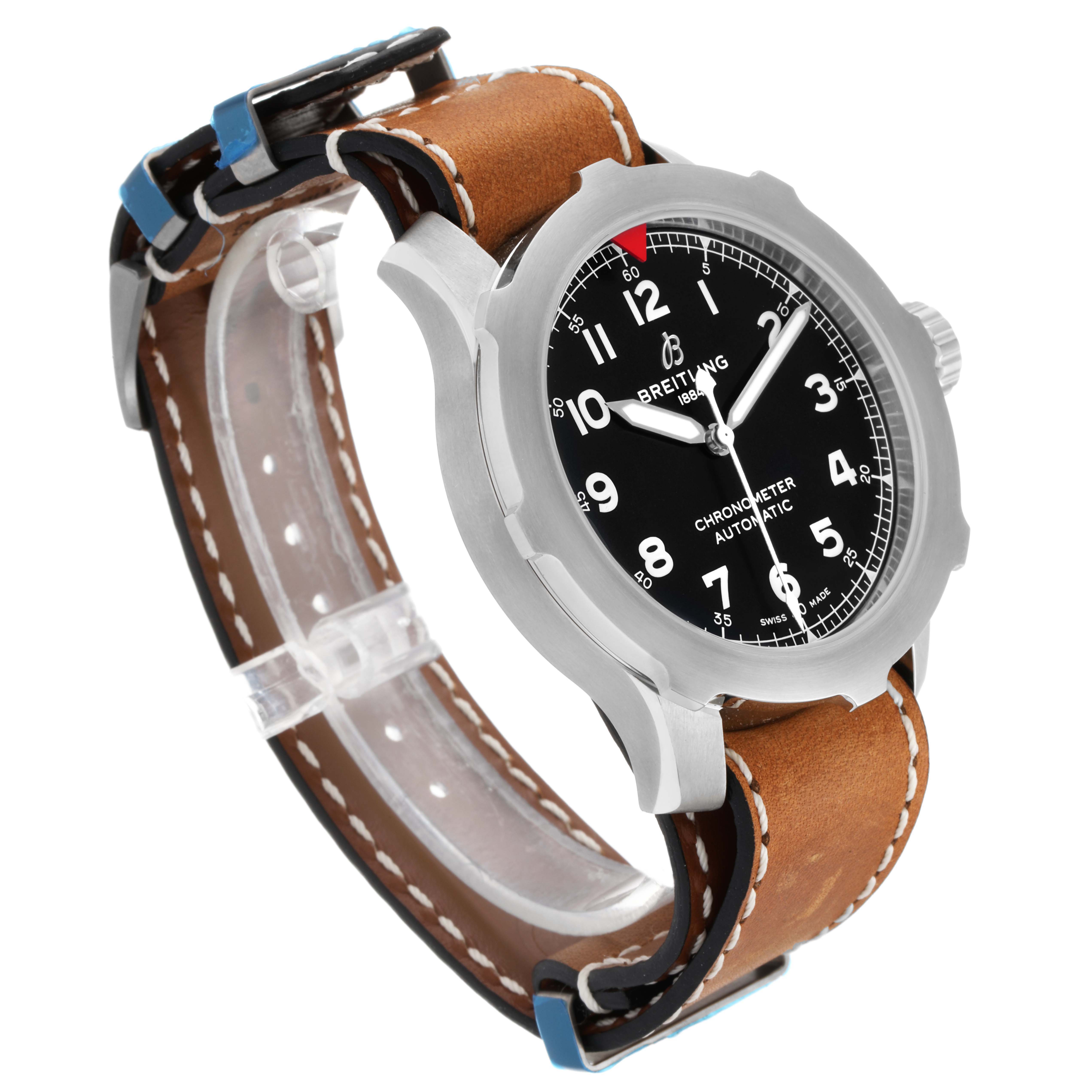 This image shows a side-angle view of a Breitling Navitimer watch featuring a black dial, luminous hands, and a brown leather strap.