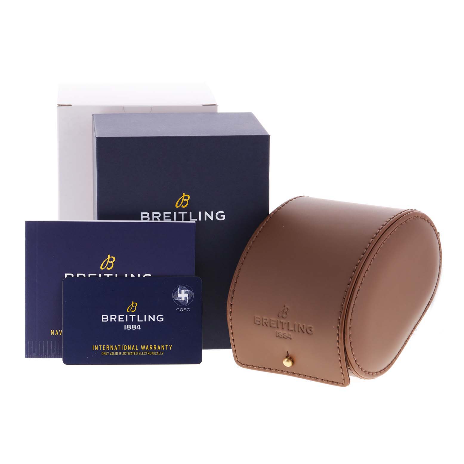 The image shows the packaging, international warranty card, and leather case for a Breitling Navitimer watch.