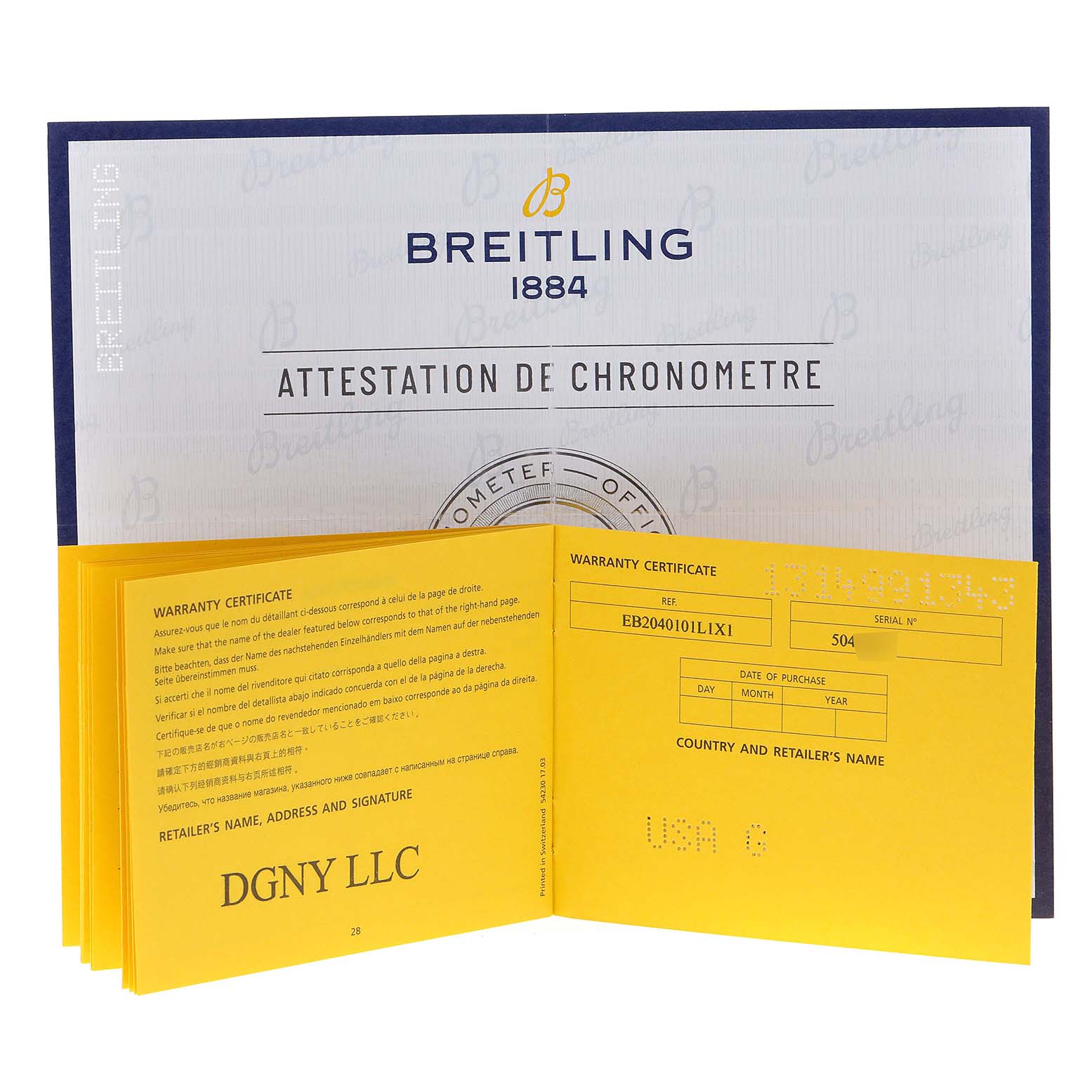 The image shows the warranty certificate for the Breitling Navitimer, with both a booklet and attestation of chronometer document visible.