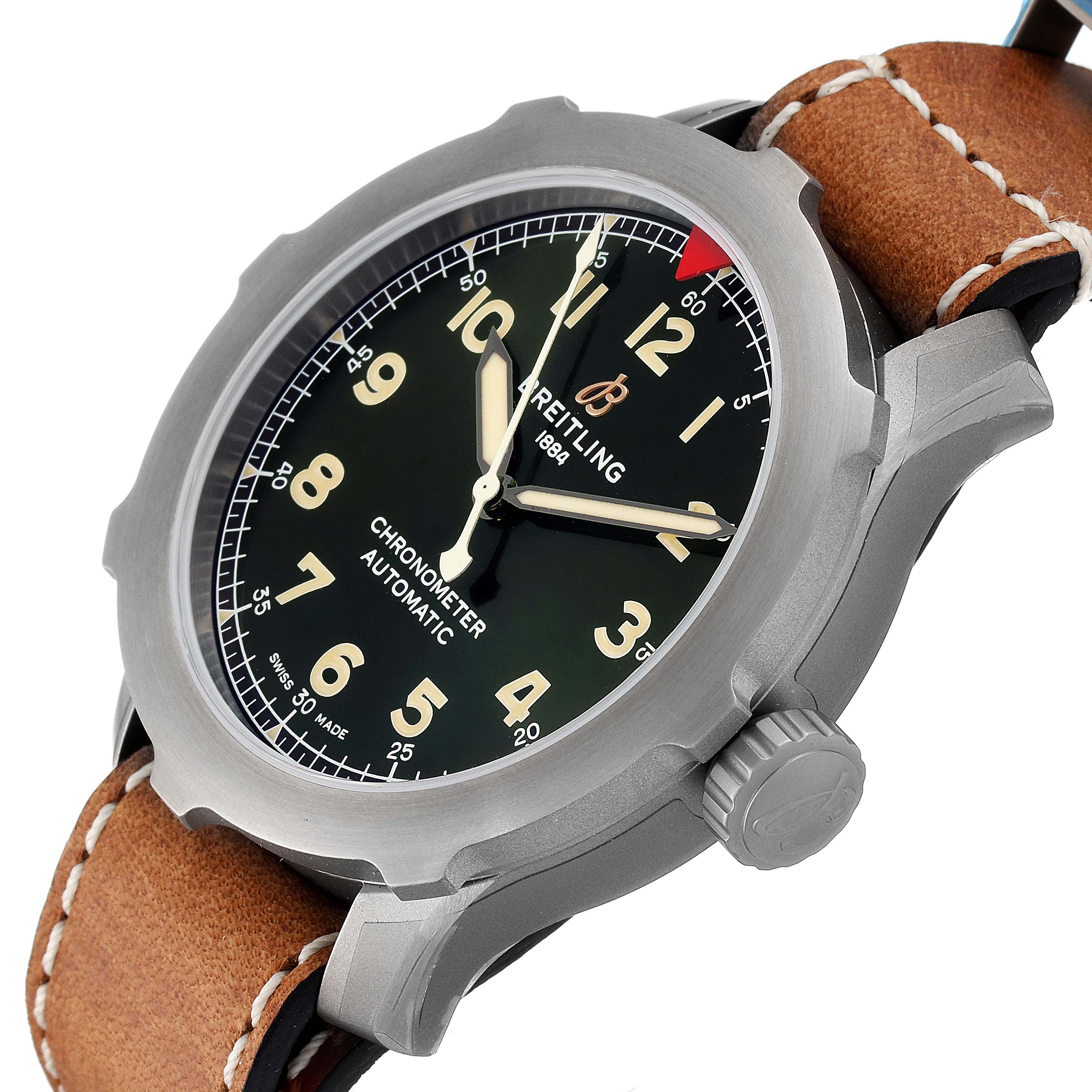 The image shows a side and top view of the Breitling Navitimer watch, highlighting the dial, bezel, crown, and leather strap.