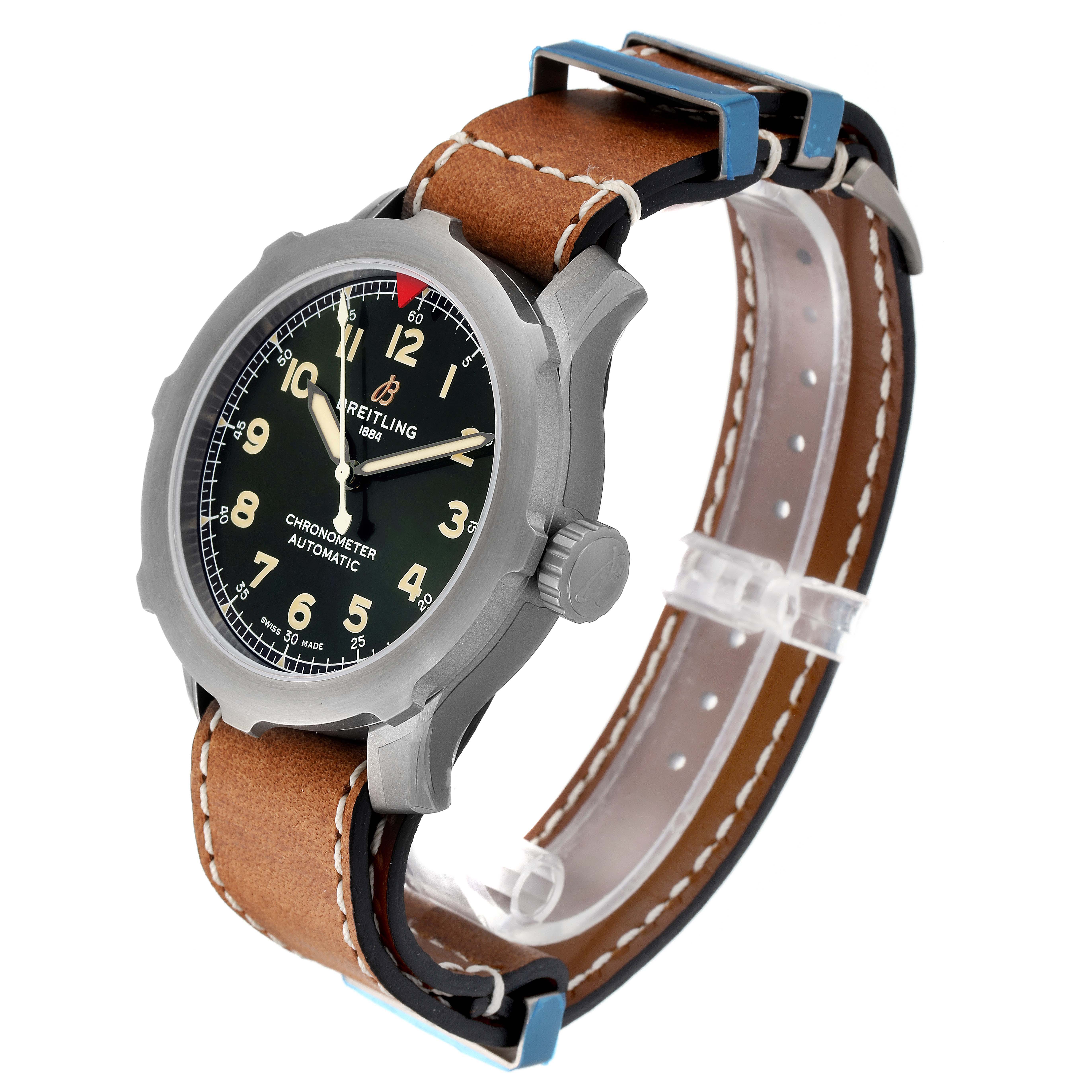 The image shows a Navitimer model by Breitling at a three-quarter angle, highlighting the face, bezel, crown, and leather strap.