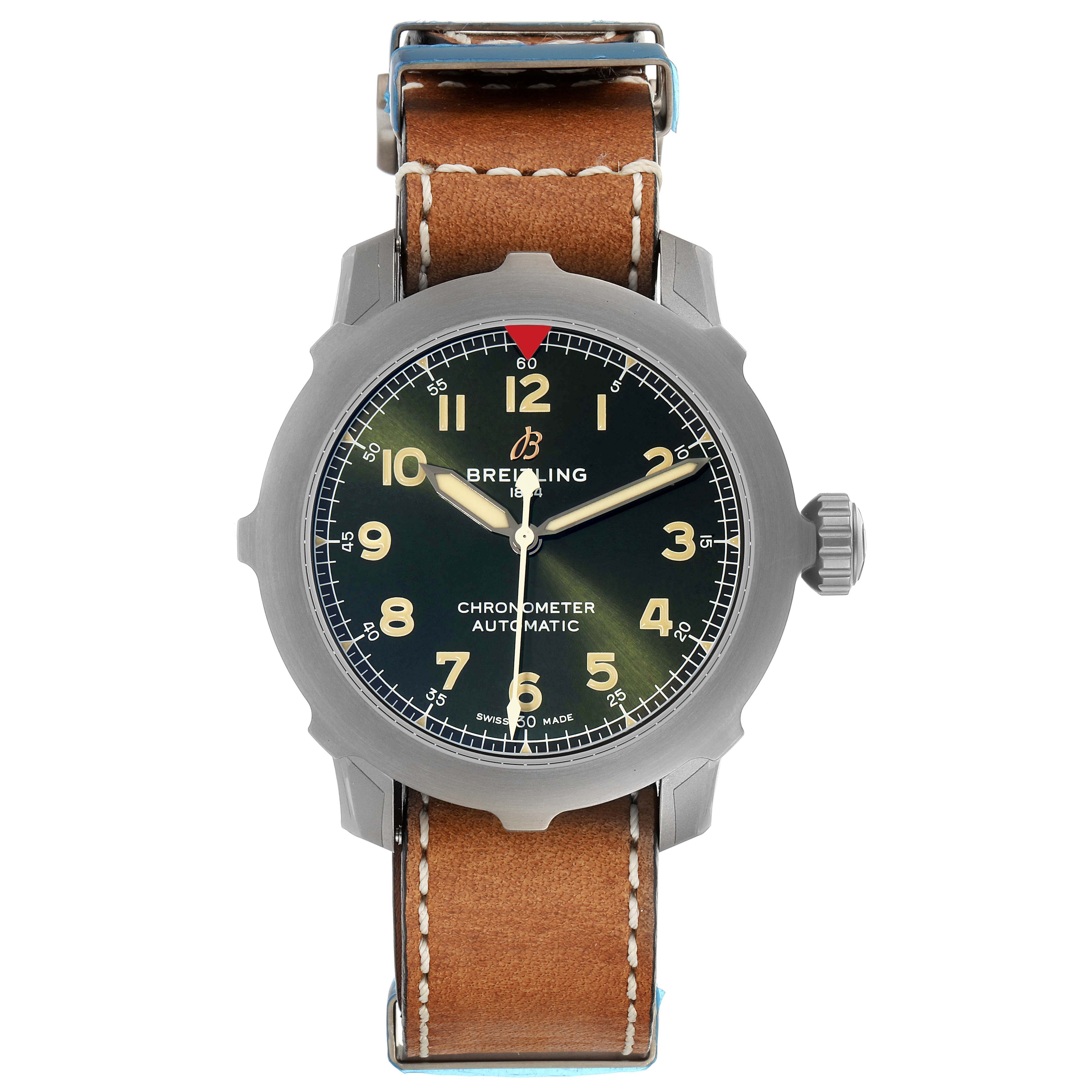 The image shows a Breitling Navitimer watch from the front, displaying the dial, hands, case, and leather strap.