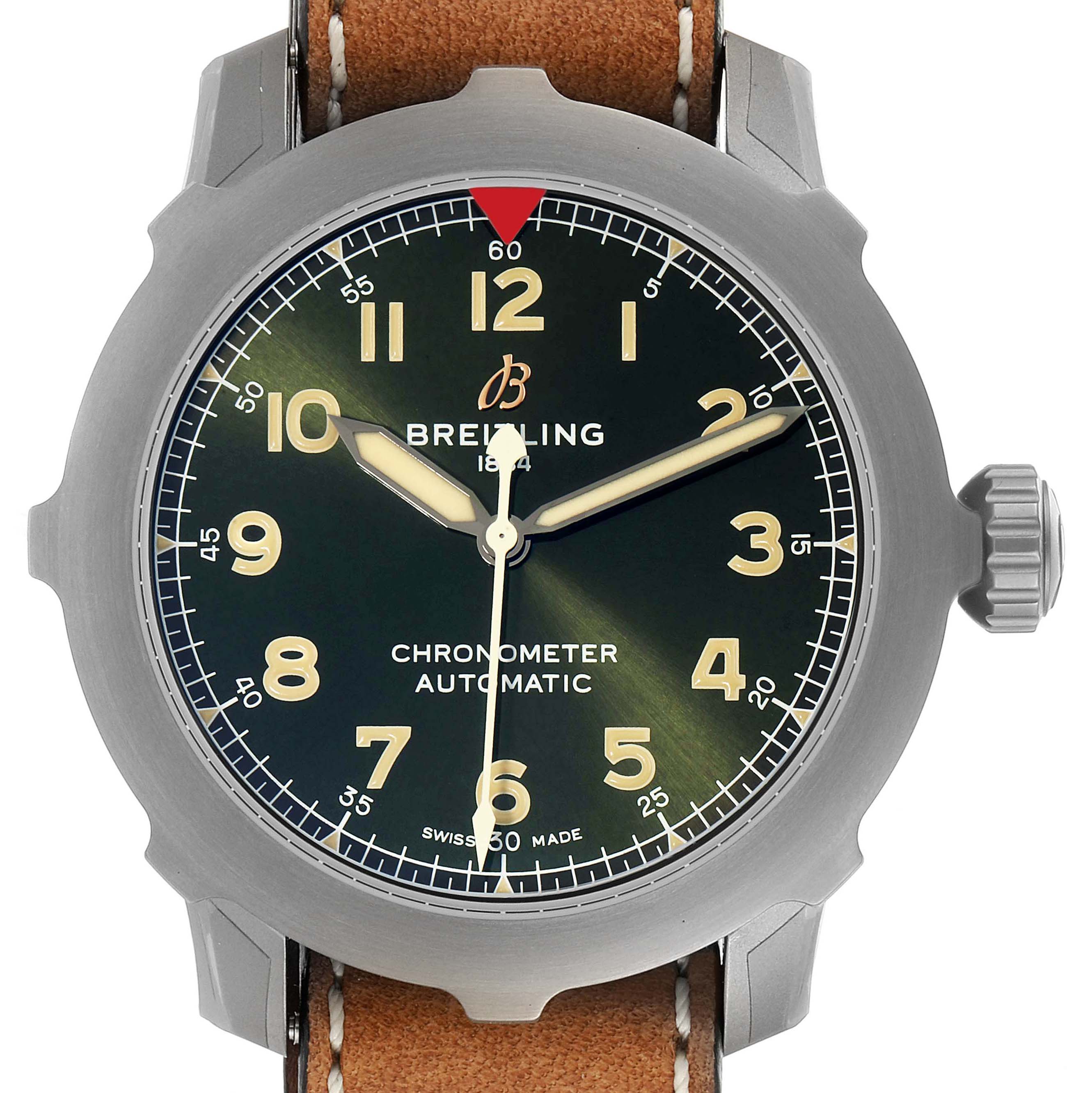 This Breitling Aviator EB2040101L1X1 Men's Titanium Green Dial EB2040101L1X1 Men's Titanium Green Dial model watch is shown from a front angle, highlighting its face, numerals, and brown leather strap.