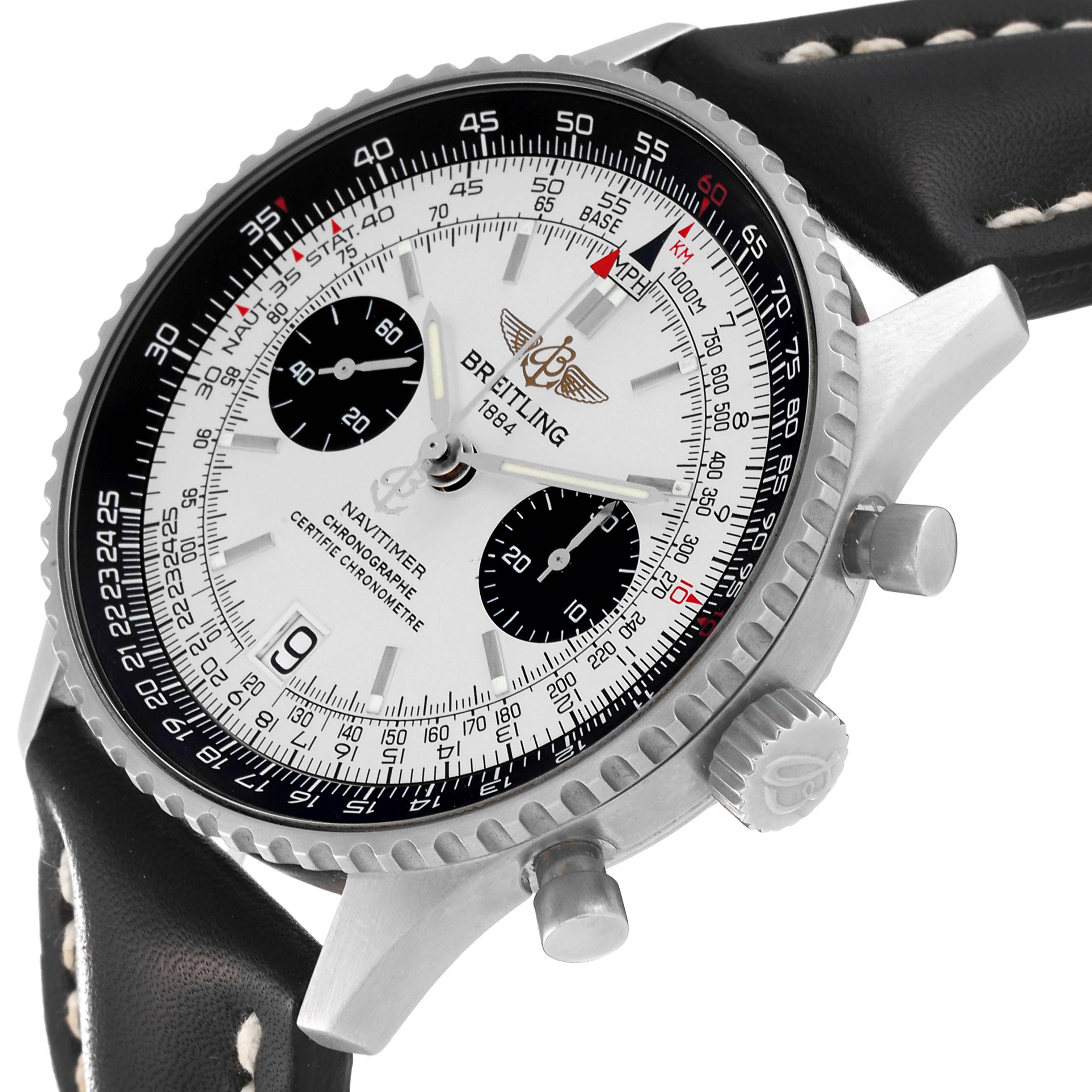 The angle reveals the face, bezel, and crown of the Breitling Navitimer A23330 Men's Stainless Steel Silver Dial A23330 Men's Stainless Steel Silver Dial watch with a black leather strap.