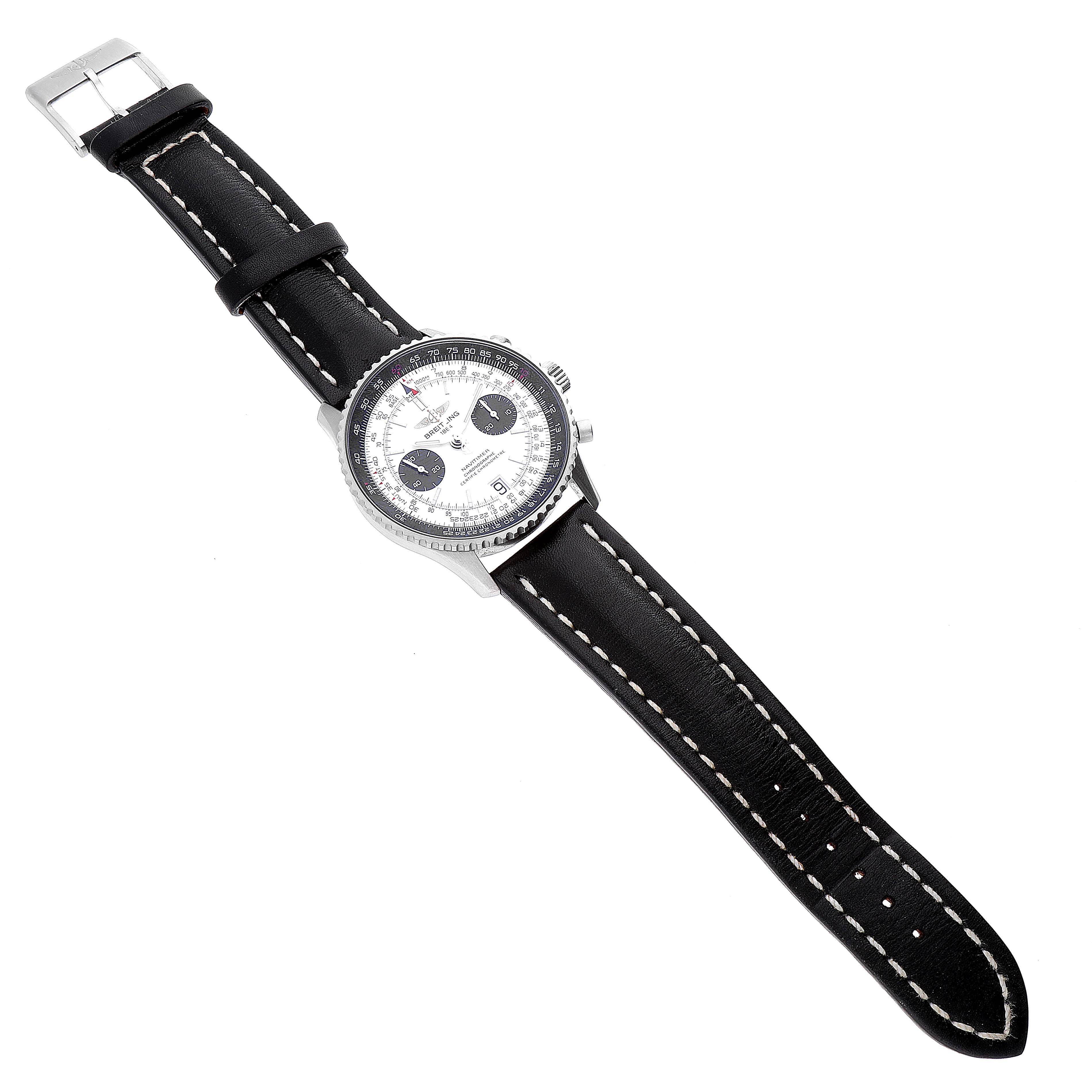 The image shows a Breitling Navitimer A23330 Men's Stainless Steel Silver Dial A23330 Men's Stainless Steel Silver Dial watch angled from above, displaying its black leather strap and silver dial with black subdials.