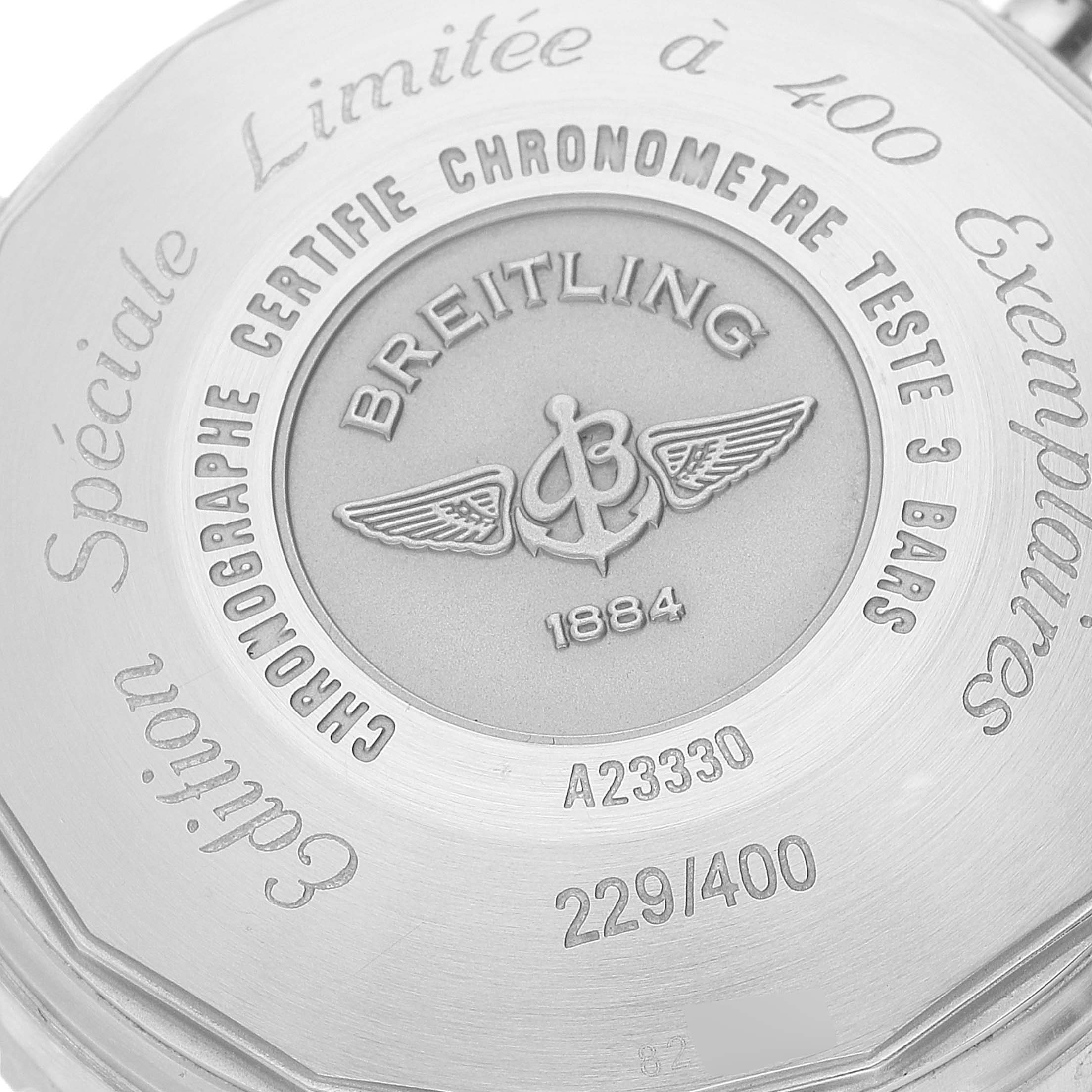 The image shows the back case of the Breitling Navitimer A23330 Men's Stainless Steel Silver Dial A23330 Men's Stainless Steel Silver Dial watch, highlighting the engraved model details and limited edition number.