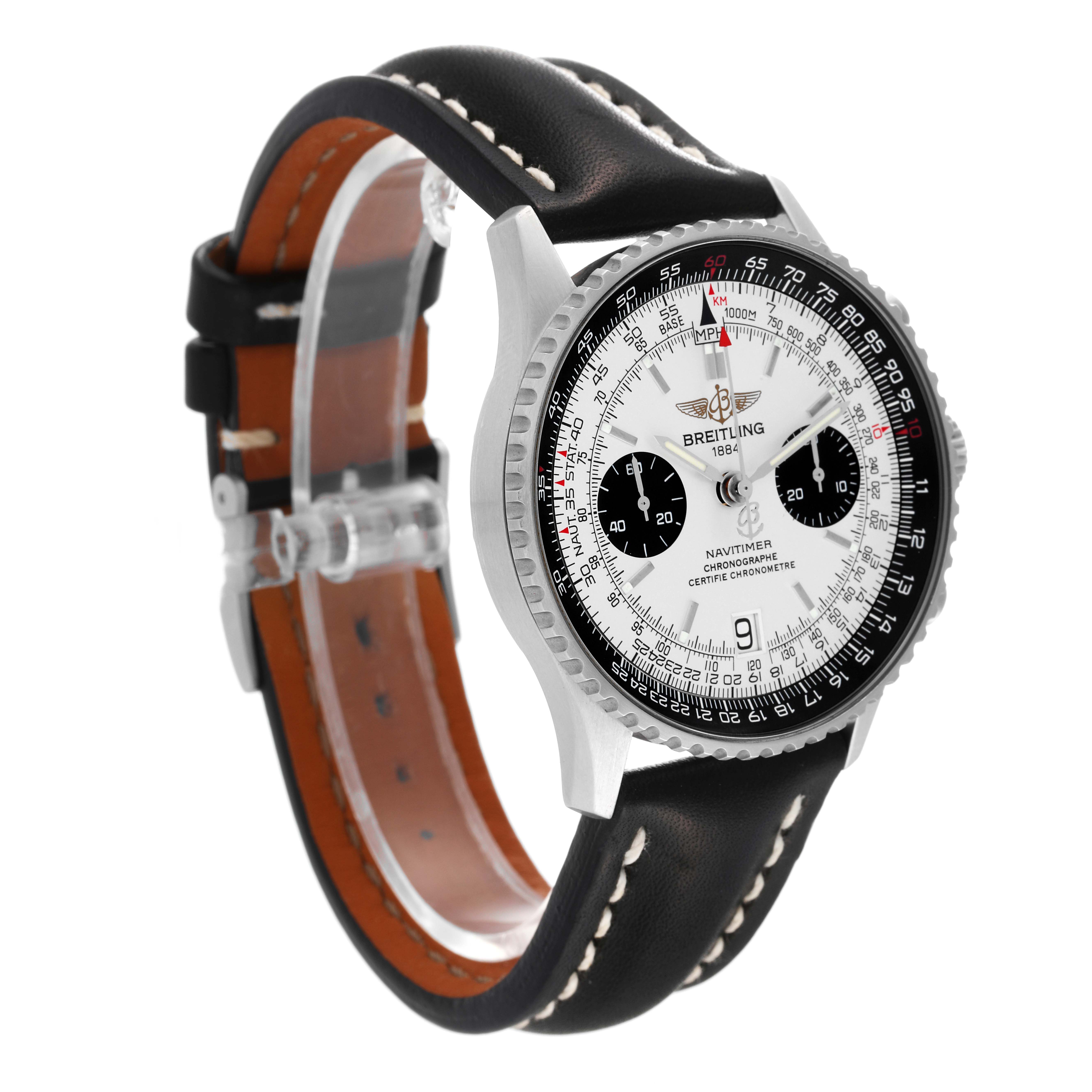 The Breitling Navitimer A23330 Men's Stainless Steel Silver Dial A23330 Men's Stainless Steel Silver Dial watch is shown at a 3/4 angle, highlighting the dial, bezel, leather strap, and chronograph subdials.