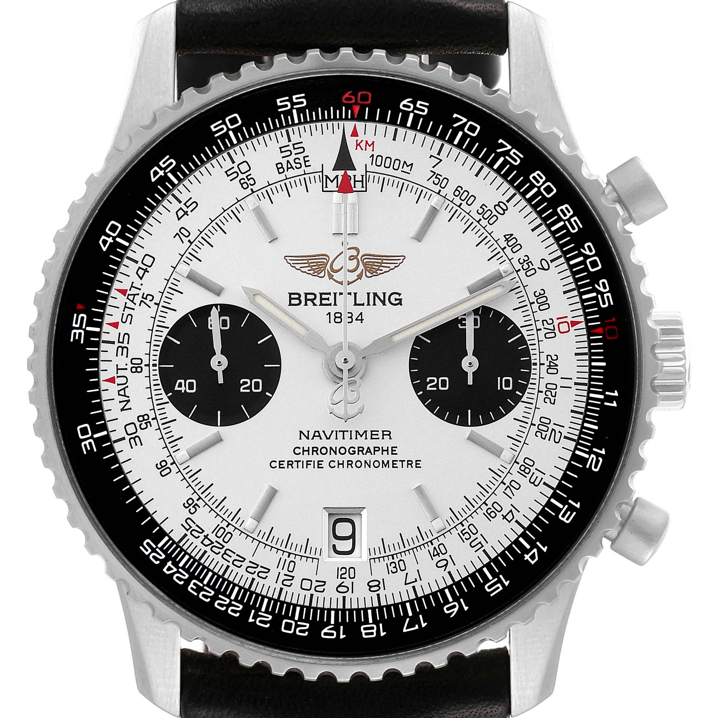 This image shows a front view of a Breitling Navitimer A23330 Men's Stainless Steel Silver Dial A23330 Men's Stainless Steel Silver Dial watch, displaying its dial, bezel, and chronograph subdials.