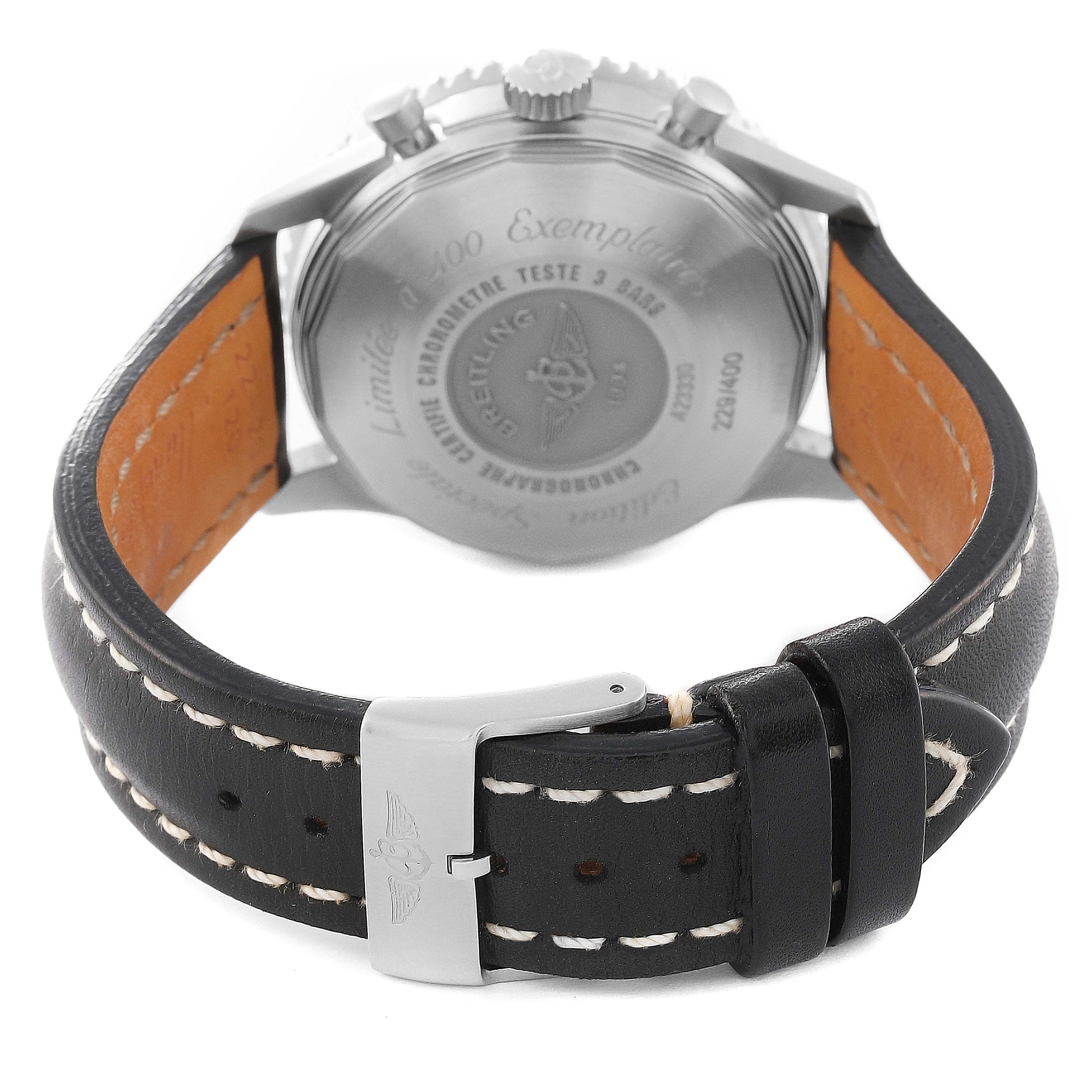 This image shows the rear view of a Breitling Navitimer A23330 Men's Stainless Steel Silver Dial A23330 Men's Stainless Steel Silver Dial watch, highlighting the case back and leather strap with buckle.