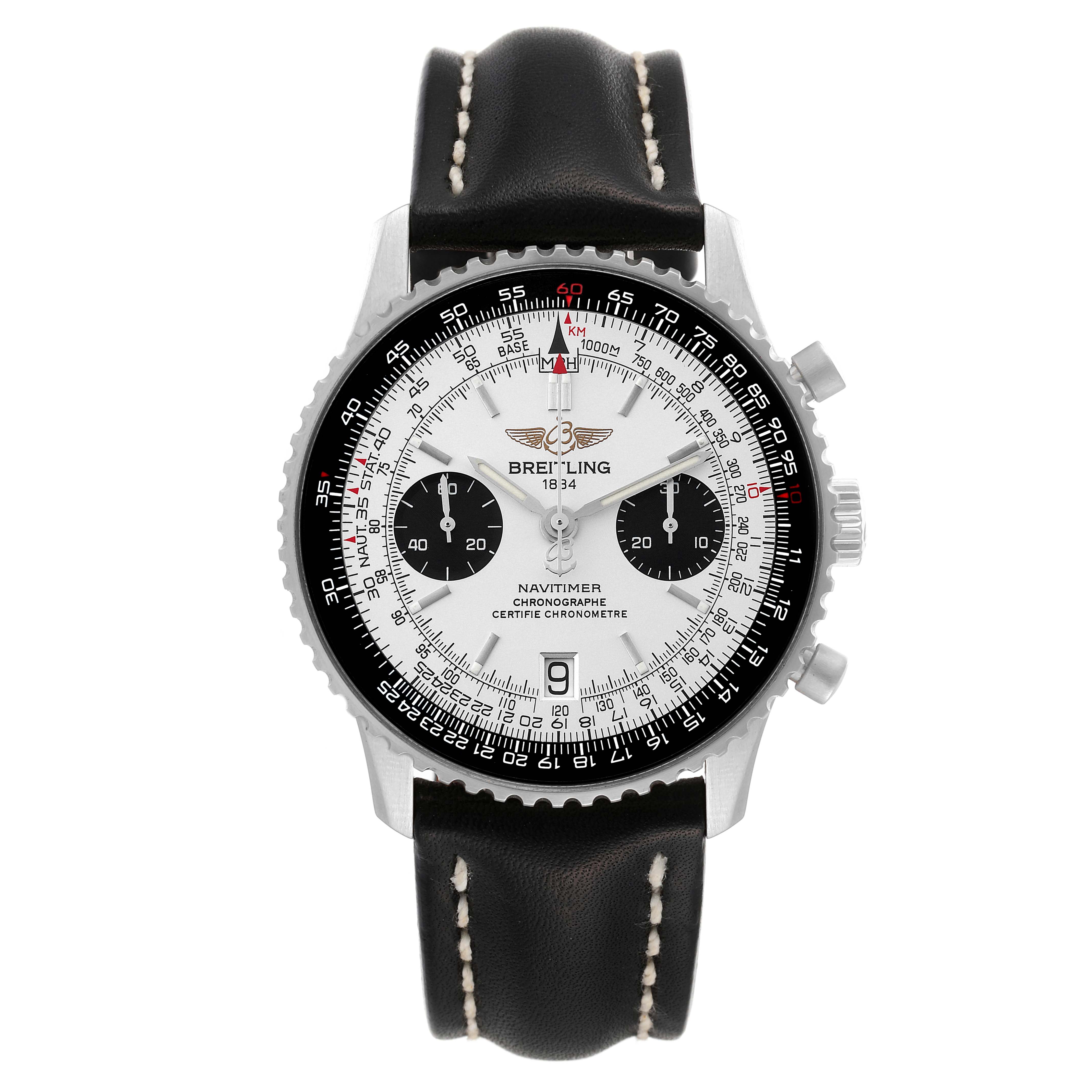 The image shows a front view of a Breitling Navitimer A23330 Men's Stainless Steel Silver Dial A23330 Men's Stainless Steel Silver Dial watch with a black leather strap.