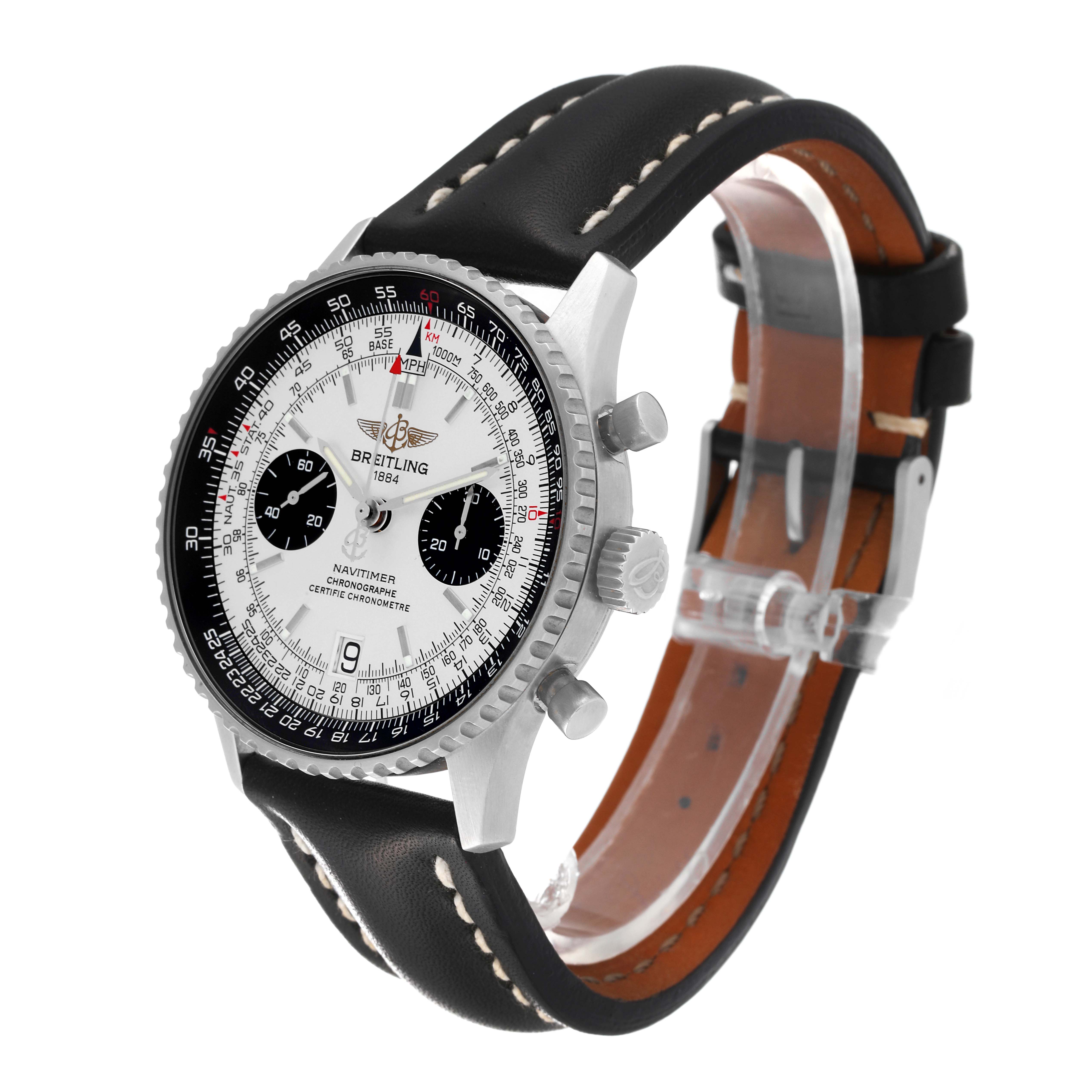The image shows a side angle of a Breitling Navitimer A23330 Men's Stainless Steel Silver Dial A23330 Men's Stainless Steel Silver Dial watch, highlighting the dial, bezel, crown, and black leather strap.