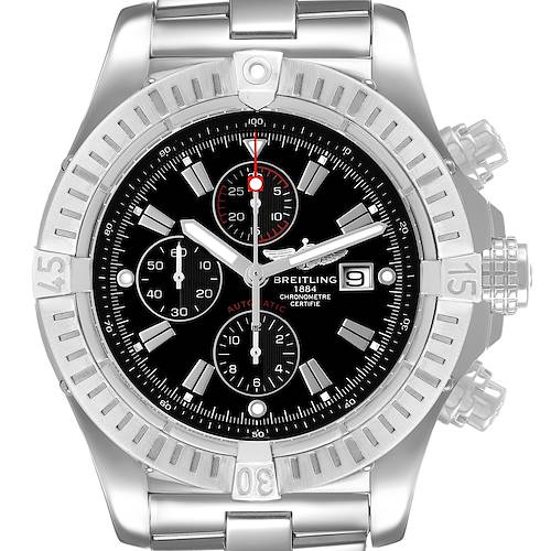 The Breitling Avenger A1337011 / B907 Men's Stainless Steel Black Dial watch is shown from the front, highlighting the bezel, chronograph dials, and date window.