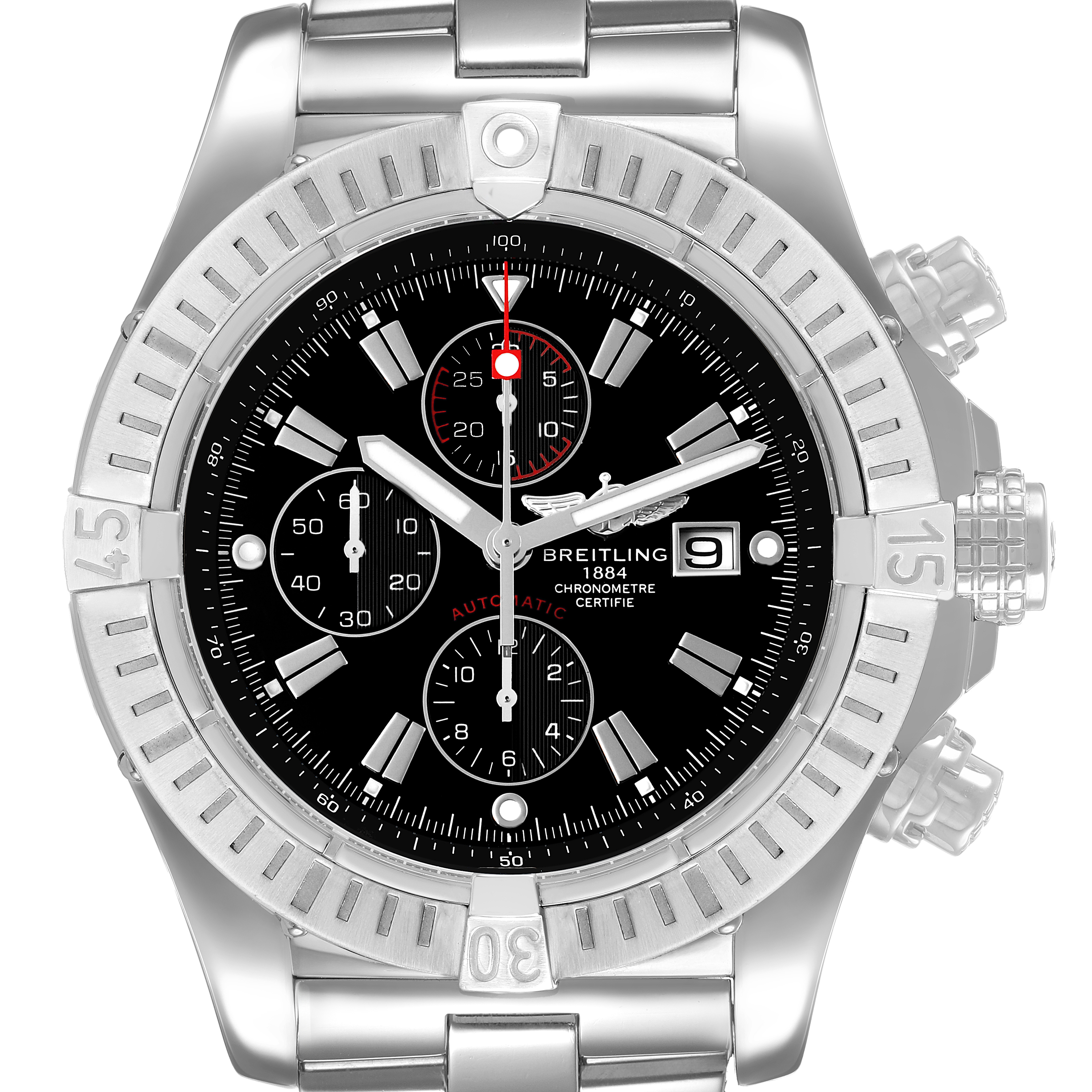 The Breitling Avenger A1337011 / B907 Men's Stainless Steel Black Dial watch is shown from a frontal angle, displaying its bezel, dial, chronograph subdials, and bracelet.