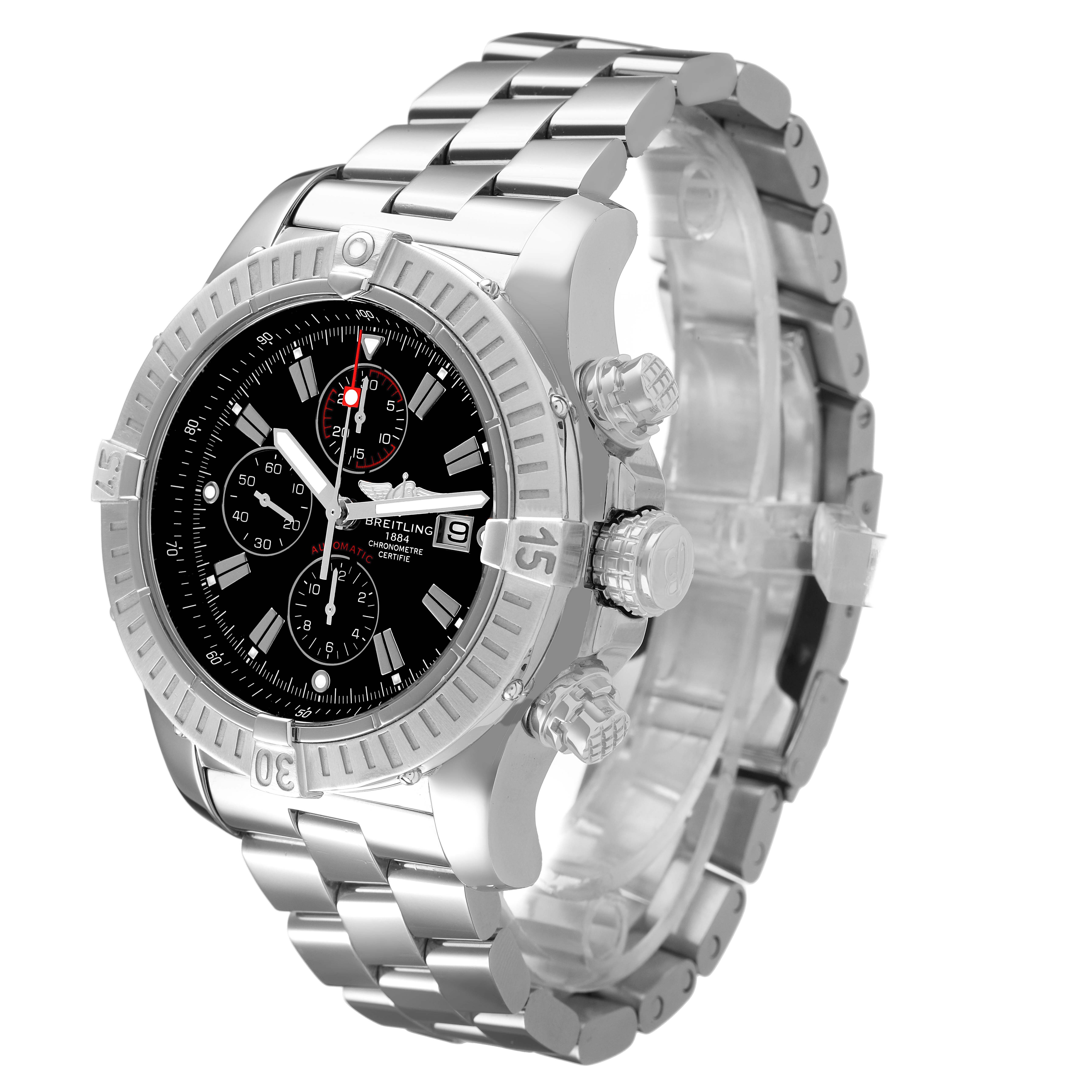 The Breitling Avenger A1337011 / B907 Men's Stainless Steel Black Dial watch is shown at a three-quarter angle, highlighting the bezel, dial, and metal bracelet.