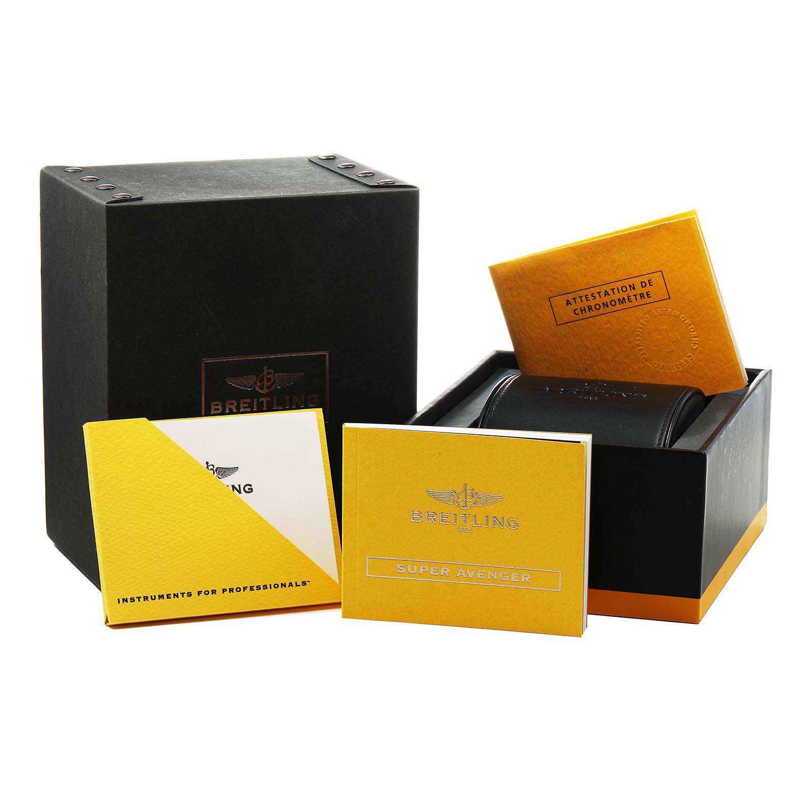 The image shows the Breitling Avenger A1337011 / B907 Men's Stainless Steel Black Dial watch packaging, including the box, case, and documentation from a front angle.