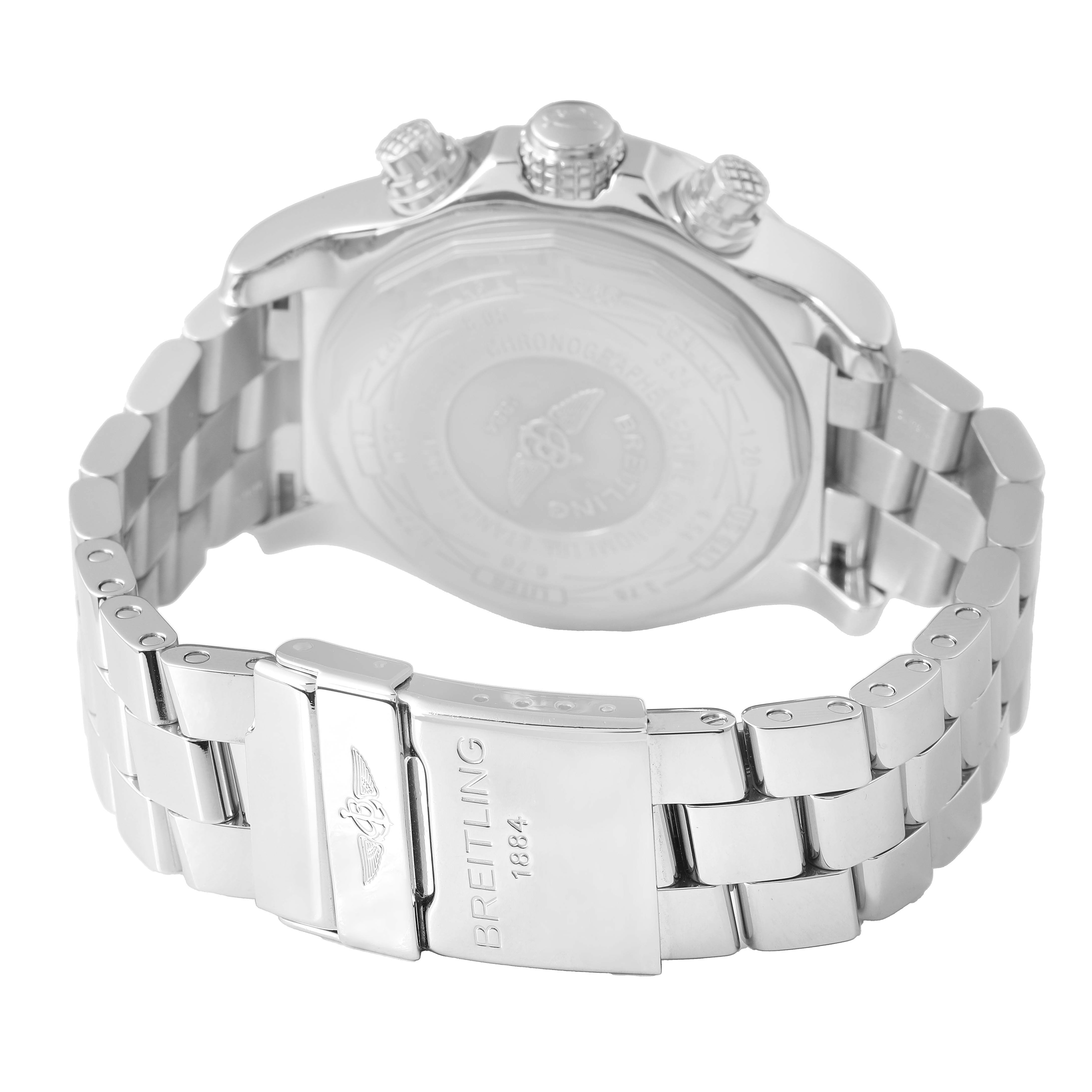 The image shows the Breitling Avenger A1337011 / B907 Men's Stainless Steel Black Dial watch from the rear, highlighting the clasp and bracelet with visible branding.