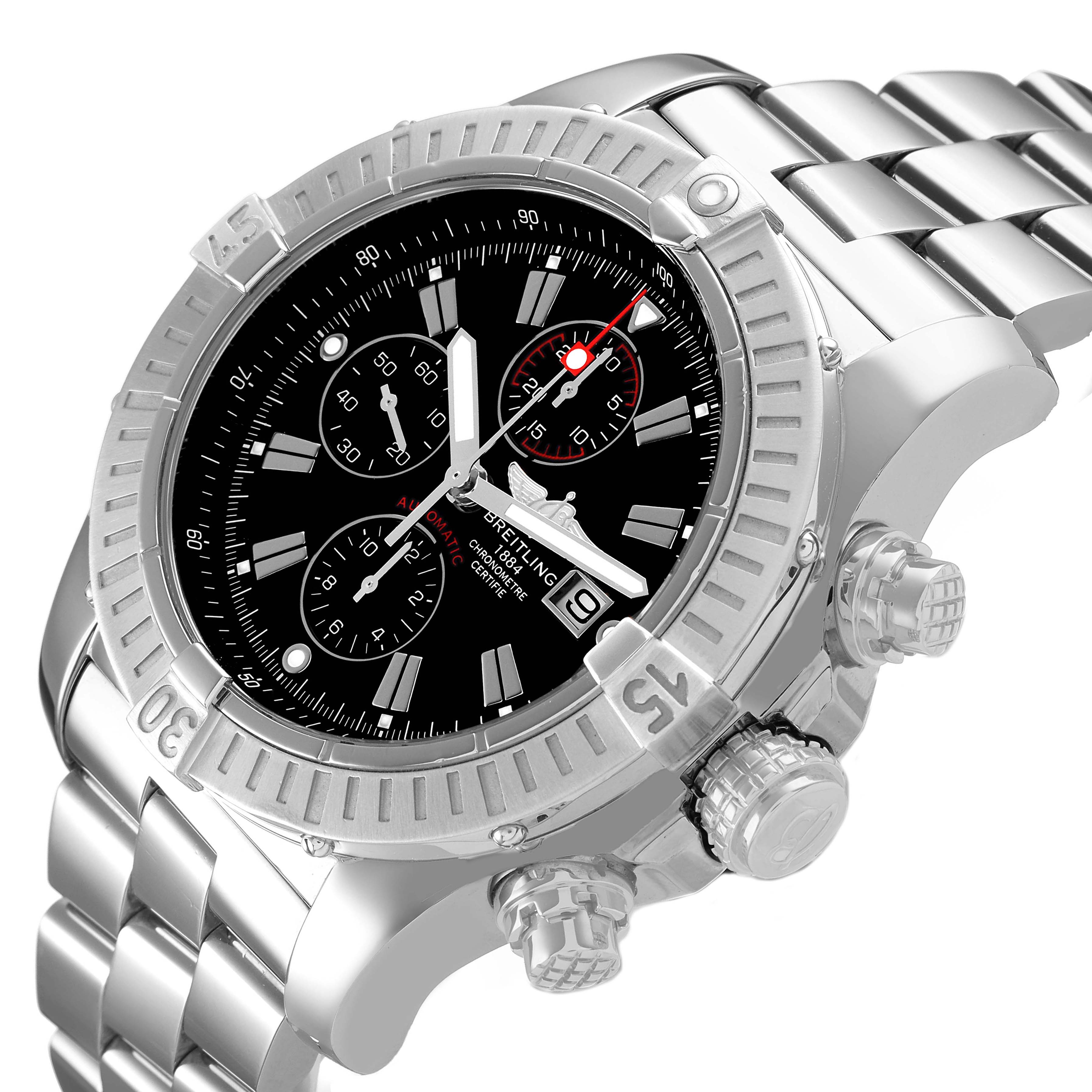 The Breitling Avenger A1337011 / B907 Men's Stainless Steel Black Dial watch is shown at an angled view, highlighting the face, bezel, crown, pushers, and metal bracelet.