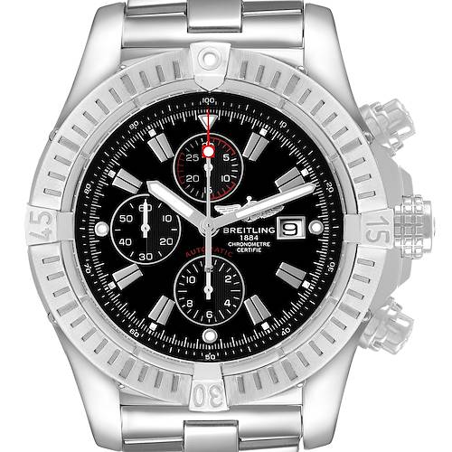 The Breitling Avenger A1337011 / B907 Men's Stainless Steel Black Dial watch is shown from a top view, displaying the face, bezel, chronograph dials, and part of the bracelet.