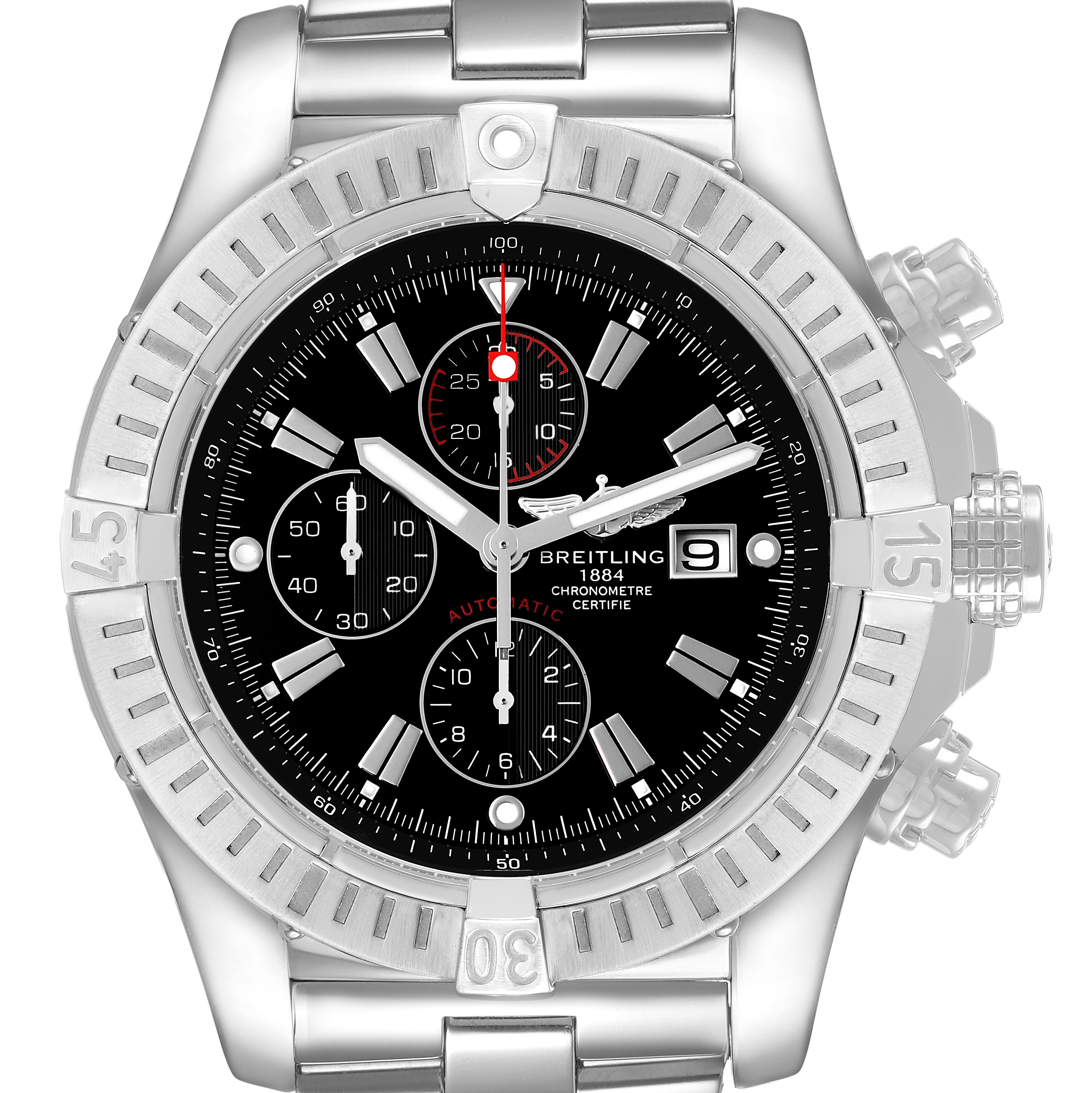 The image shows a frontal view of the Breitling Avenger A1337011 / B907 Men's Stainless Steel Black Dial watch, highlighting the dial, bezel, and chronograph functions.
